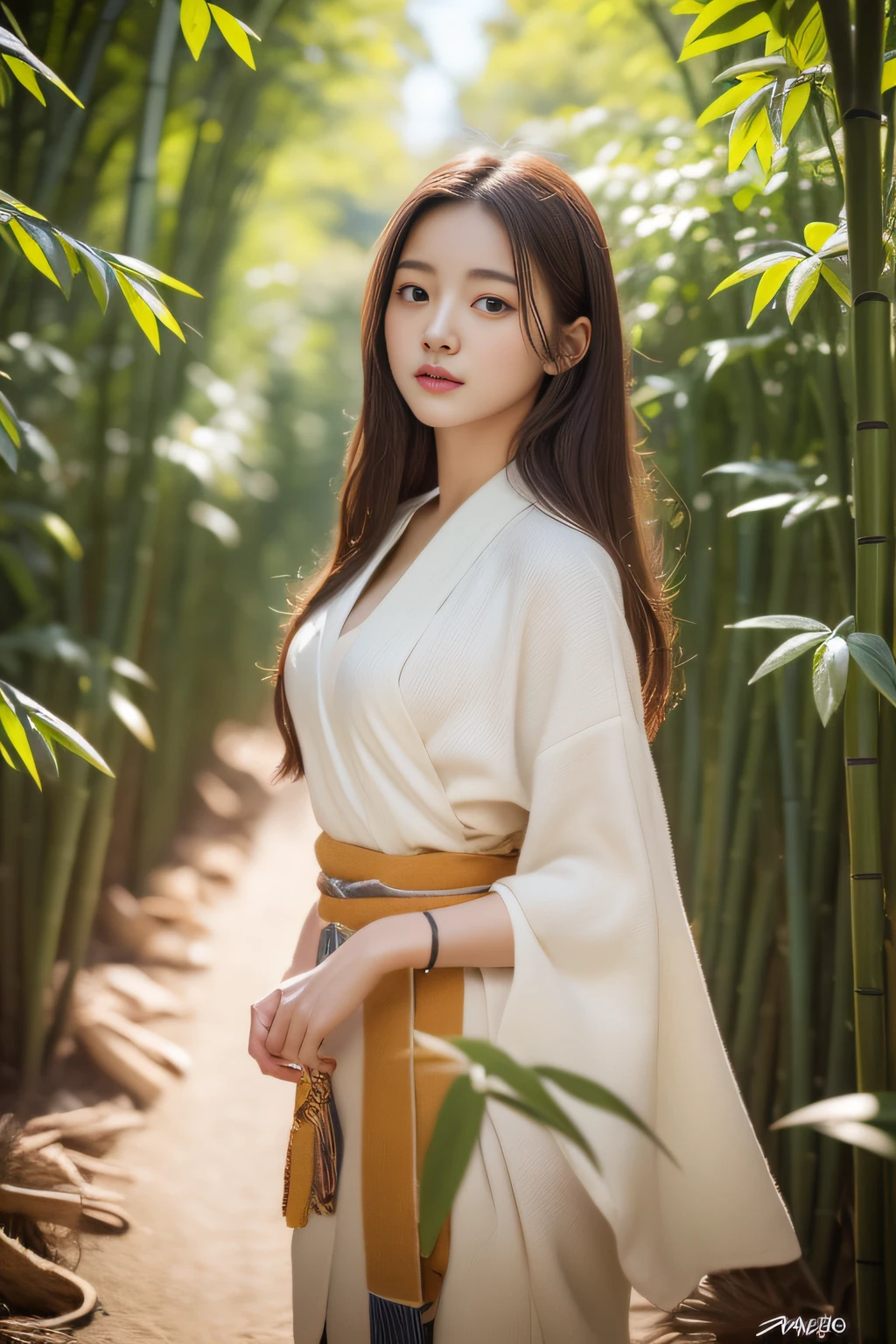 ((top-quality、8K、​masterpiece:1.3))wearing kimonos、Realistic young Korean woman in bamboo bushes, Young skinny idol,  Beautiful young Korean woman, beautiful Korean women, goddess of Japan, the face of a beautiful Japanese girl