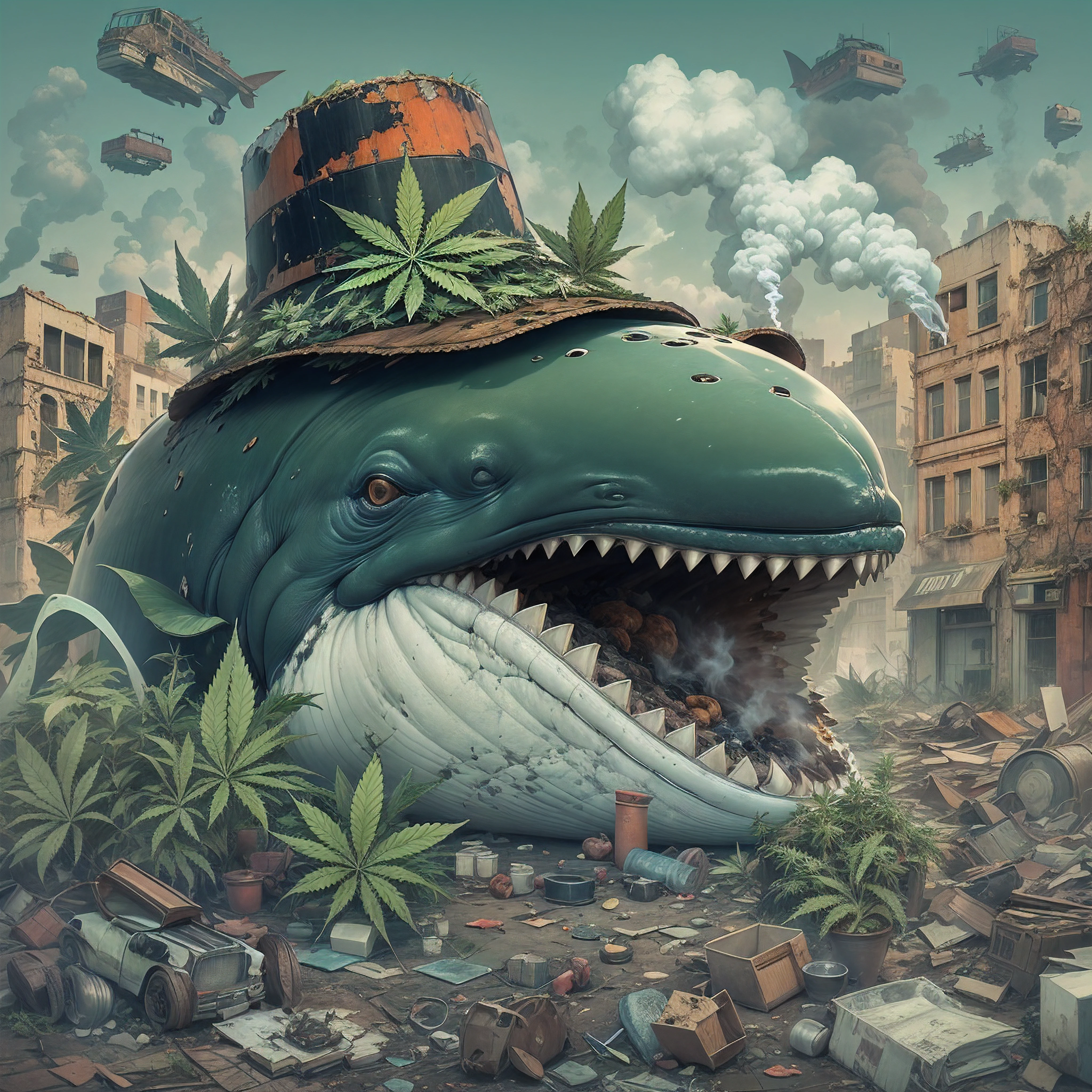 whale covered in marijuana wearing a BLACK flat cap hat is SMOKING MARIJUANA in the middle of the abandoned city