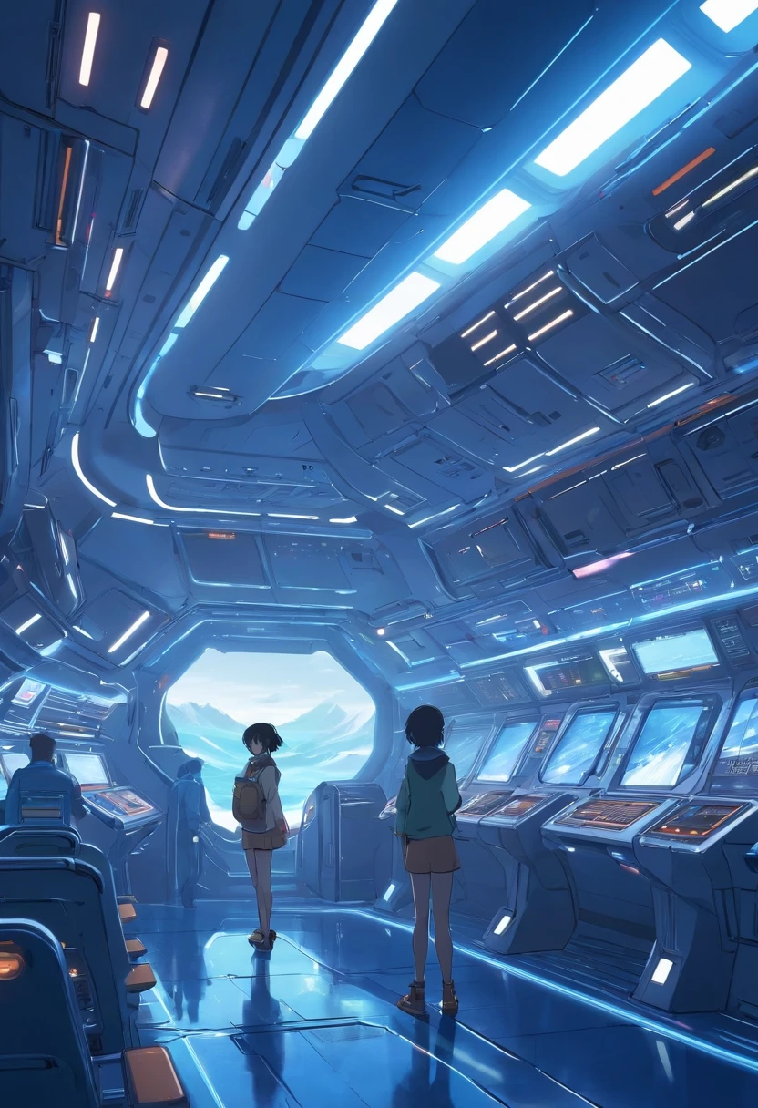 Inside the spaceship in futuristic sci-fi movies, interior lighting, dark space,