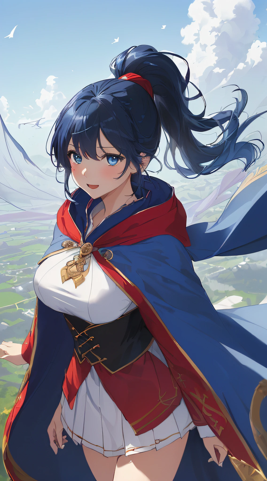 top-quality、Top image quality、​masterpiece、girl with((cute little、18year old、Best Bust、Medium bust、Bust 85,Beautiful blue eyes、Breasts wide open,Ponytail with black hair、A slender、Blue hair mesh、white t-shirts,red cloak、falda corta,Laugh、Leaning forward、Flying in the sky、Reflecting the whole body、Fluttering cloak、Fluttering short skirt)）hiquality、Beautiful Art、Background with((blue-sky、mid air、flying though the air)),masutepiece、Elaborate design、visualart、depth of fields、The best lighting、highestdetailed、8ｋ