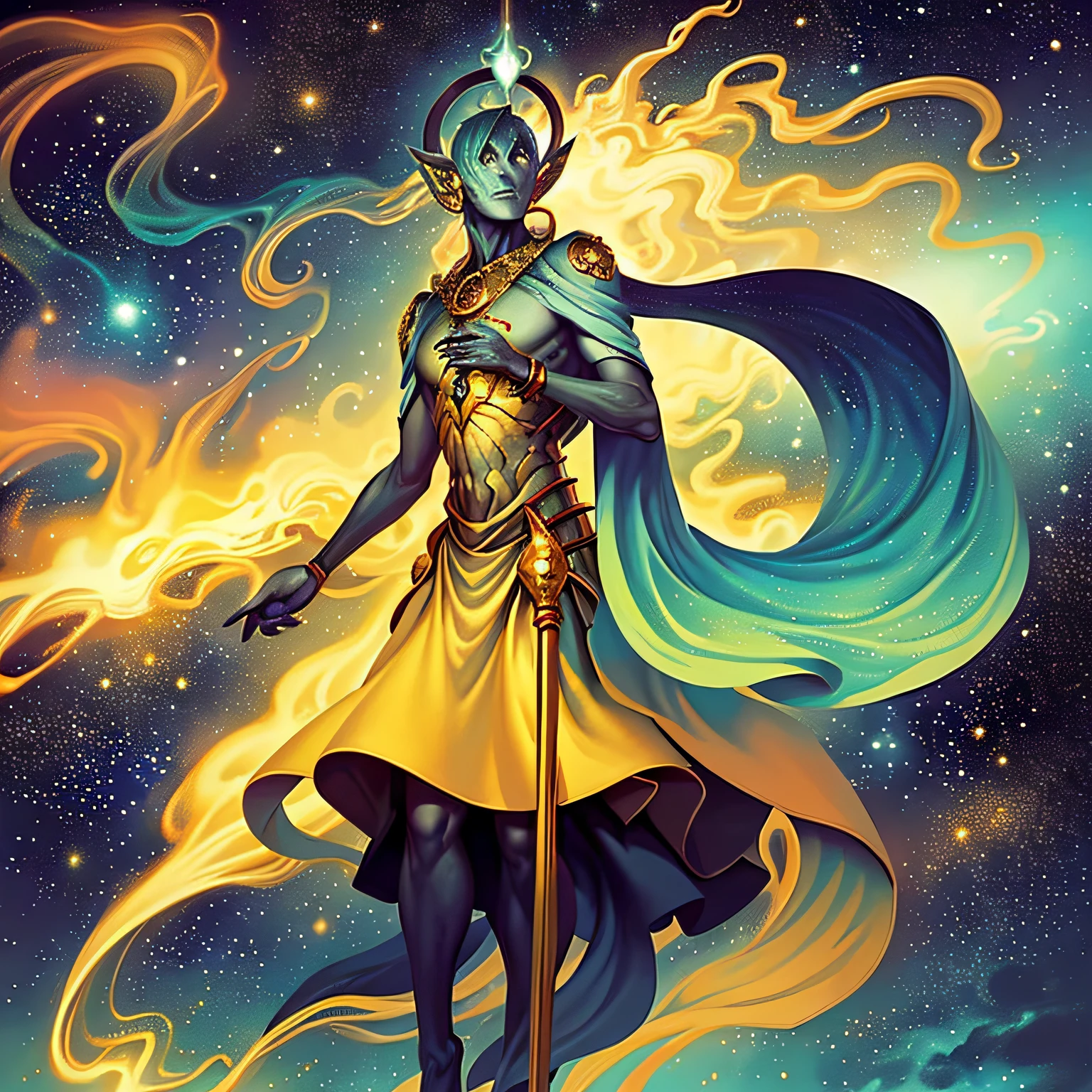 (((Cosmic God))) (((Full body))) (((Fantastic art))) (((Nebula, stars and sidereal winds))) The God of riches and ill-gotten deals, is the patron God from evil businessmen and dishonest merchants. He resembles a beautiful golden-haired elf but with a greedy and evil look, he wears a black robe with gold and jewels. Red, gold and pale green nebula.
A trickster and a liar, he is also known as "Merchant of Souls" and "Lord of Lies." Thieves and murderers swear in his name but not even they dare to worship him, because this god comes instantly when someone calls him. to do business, and the price is almost always a quick death and loss of soul.