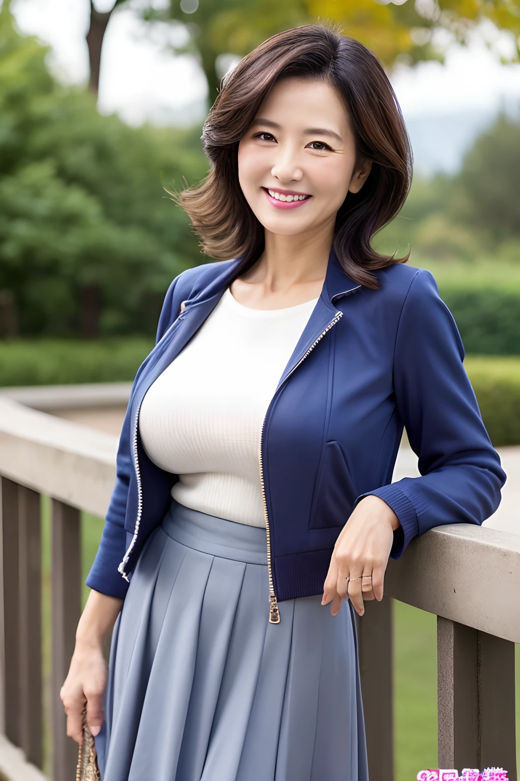 Mature and attractive woman、40 years old、1人、bbw、Navy blue jacket, gray skirt、large boob、A smile、​masterpiece、top-quality