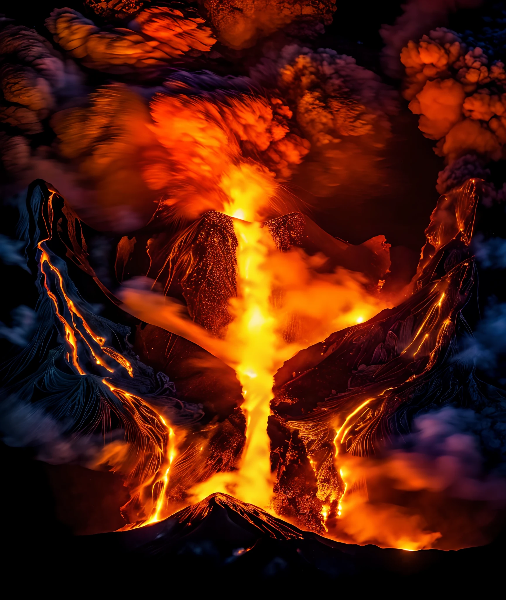 Two huge hands hold up a volcano. Eruption of lapis lazuli and smoke. A thick stream of lava flows down the slopes of the volcano, fantasy, smoke billowing background, (8K, RAWnphotos, best quality, Masterpiece: 1.2), (Photorealistic, Photorealistic: 1.4), black background