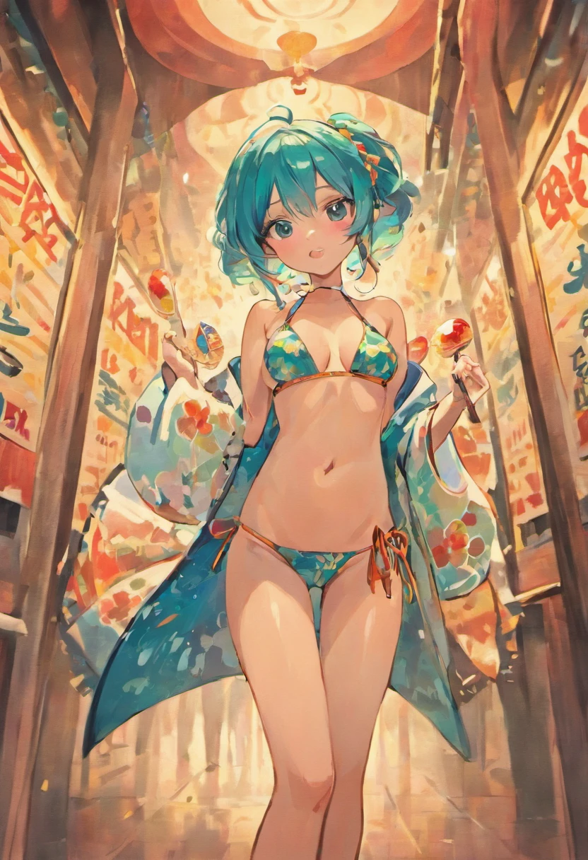 1 girl, teal hair, japanese, sexy kimono in bikini, sucking lollipop, medium breasts, high heels