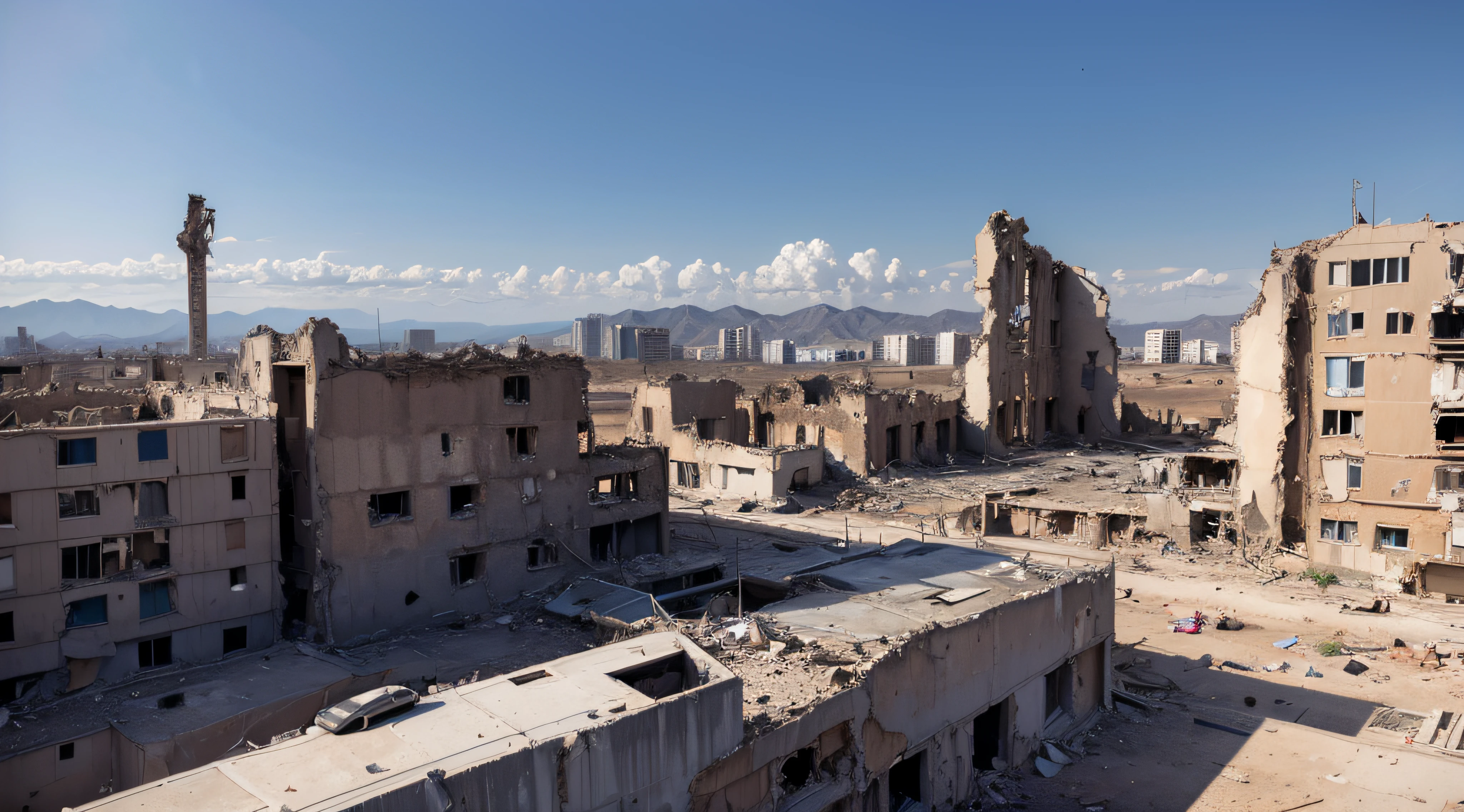 Ruin in a war zone with a damaged city