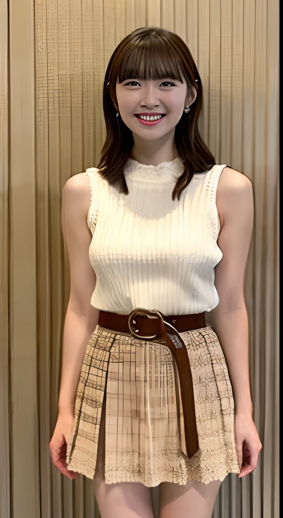 girl with、20yr old、beautiful countenance、Medium Cut Hair、Brown hair、White knitted clothes、sleeveless、brown tight skirt、a belt、ample breasts