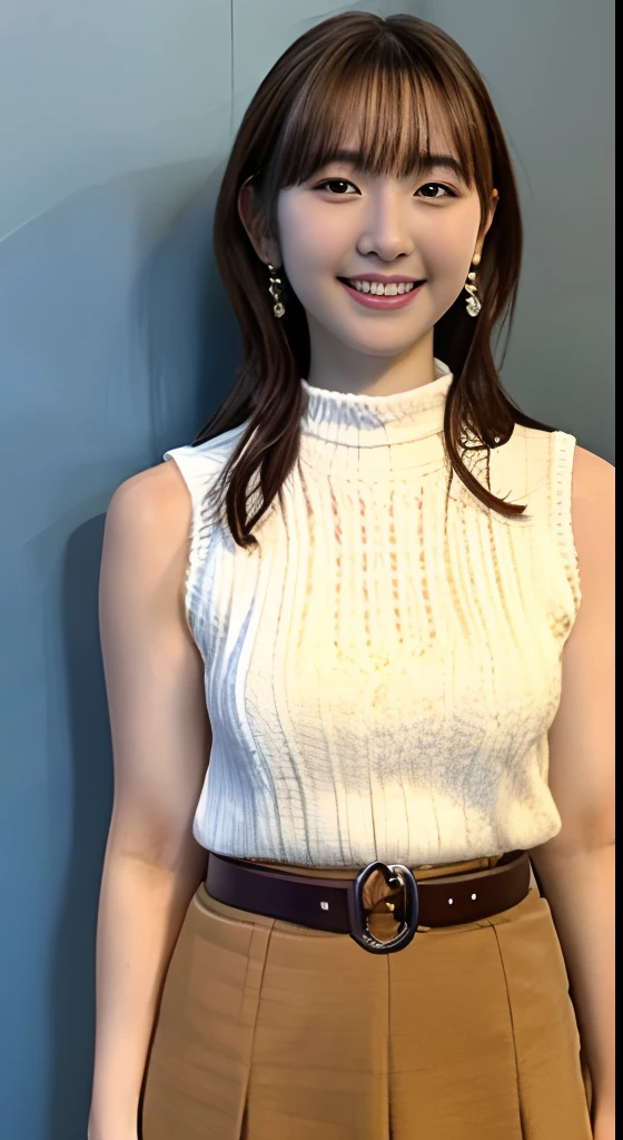girl with、20yr old、beautiful countenance、Medium Cut Hair、Brown hair、White knitted clothes、sleeveless、brown tight skirt、a belt、ample breasts