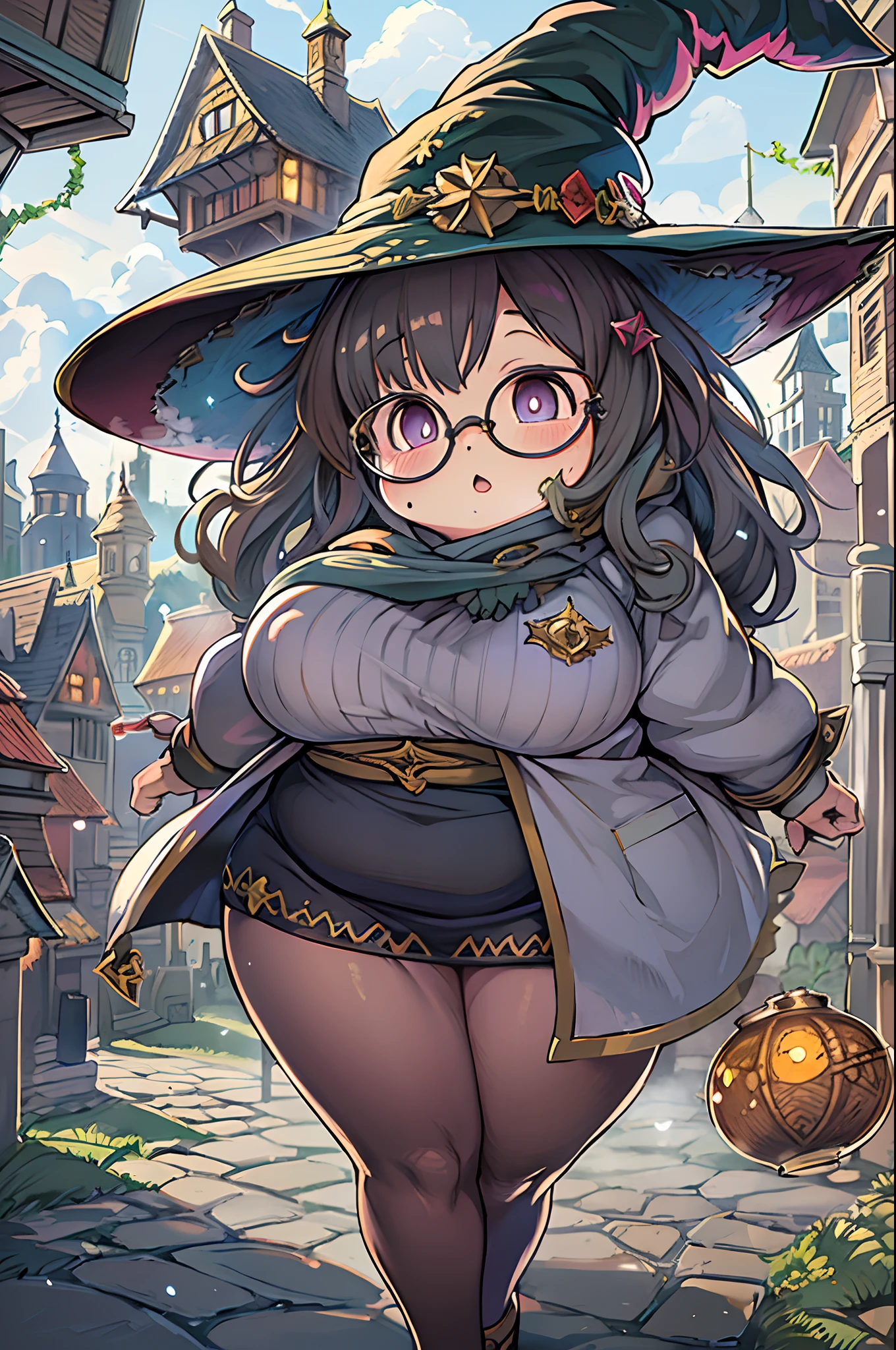 Fantasy,magic power,Realistic Girl Witch、(bbw:1.2)、huge-breasted、Anime style、Round glasses、Medieval cityscape、Ultramammy,Chibi