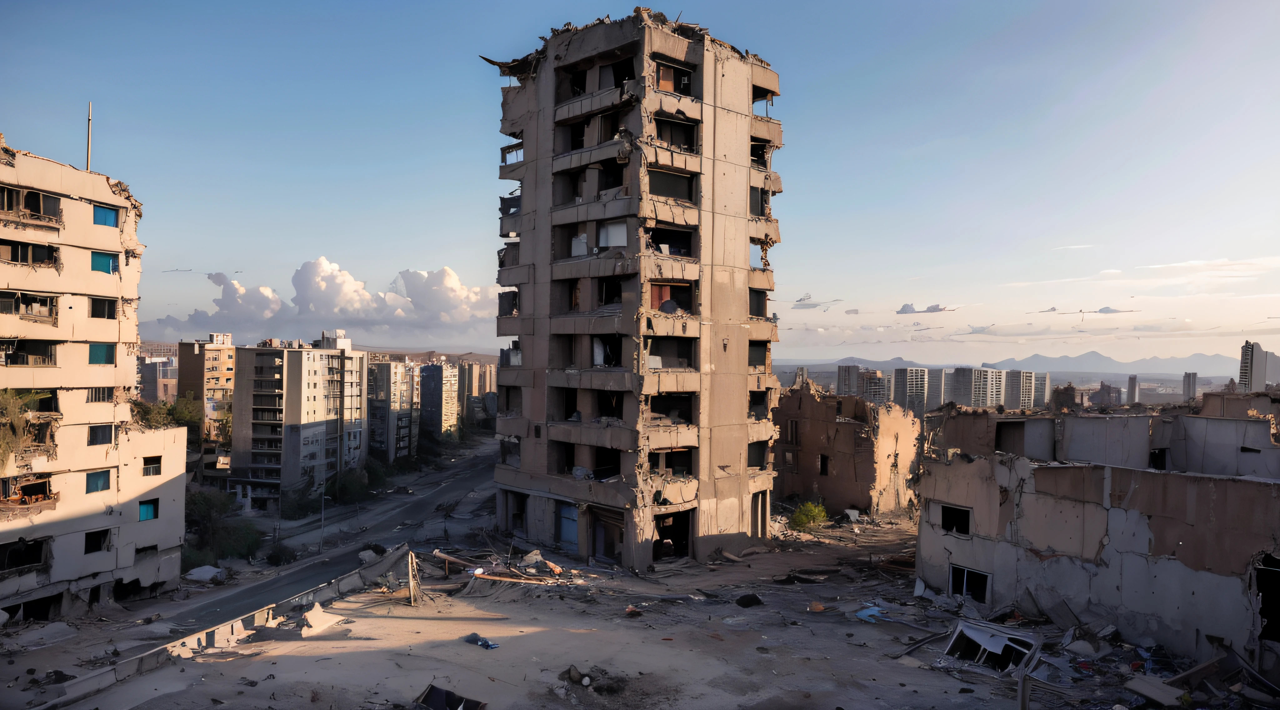 Ruin in a war zone with a damaged city