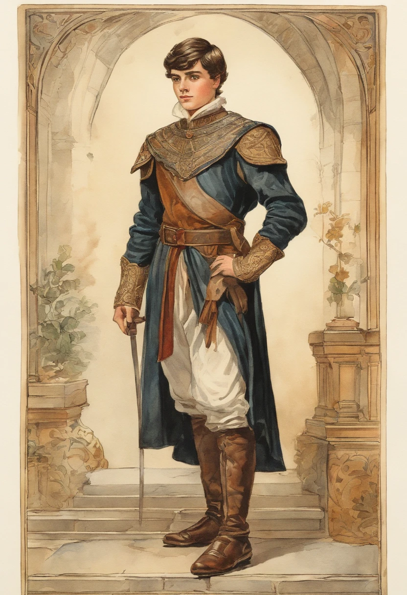 vintage watercolor painting, fine line drawing, aged appearance, comic style, A boy 14 years old, Medieval European aristocracy, Short wavy black hair parted in the middle, Full body, Leather Breast Plate, Sorcerer's robe, Leather shoes, White wall background, artistic drawing