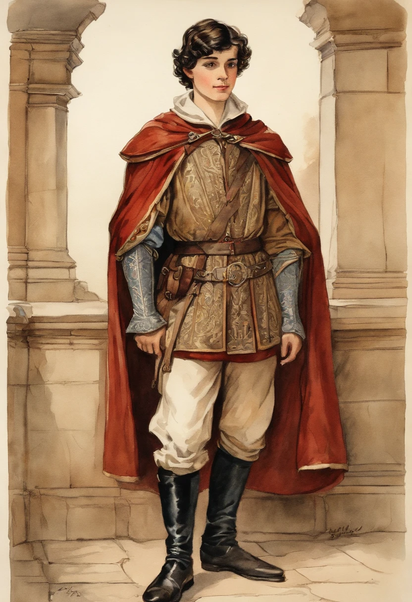 vintage watercolor painting, fine line drawing, aged appearance, comic style, A boy , Medieval European aristocracy, Short wavy black hair parted in the middle, Full body, Leather Breast Plate, Sorcerer's robe, Leather shoes, White wall background, artistic drawing