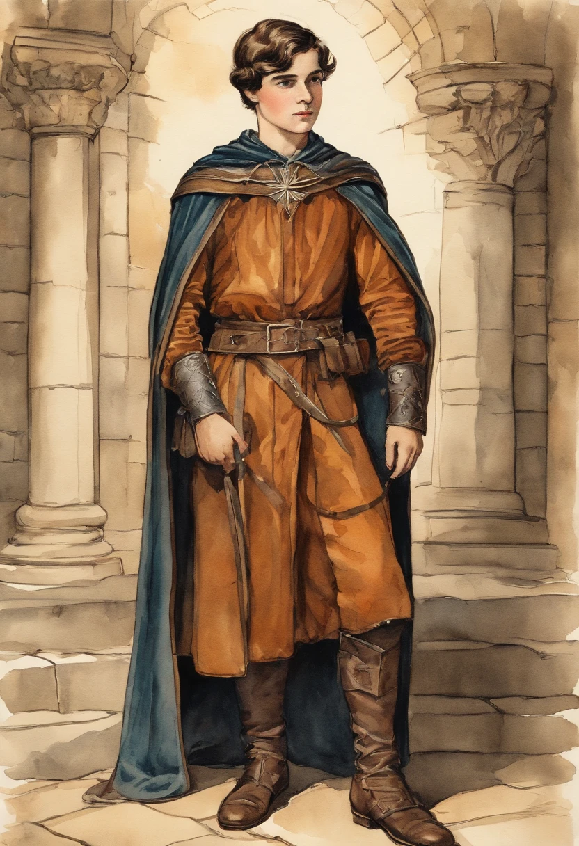 vintage watercolor painting, fine line drawing, aged appearance, comic style, A boy 14 years old, Medieval European aristocracy, Short wavy black hair parted in the middle, Full body, Leather Breast Plate, Sorcerer's robe, Leather shoes, White wall background, artistic drawing