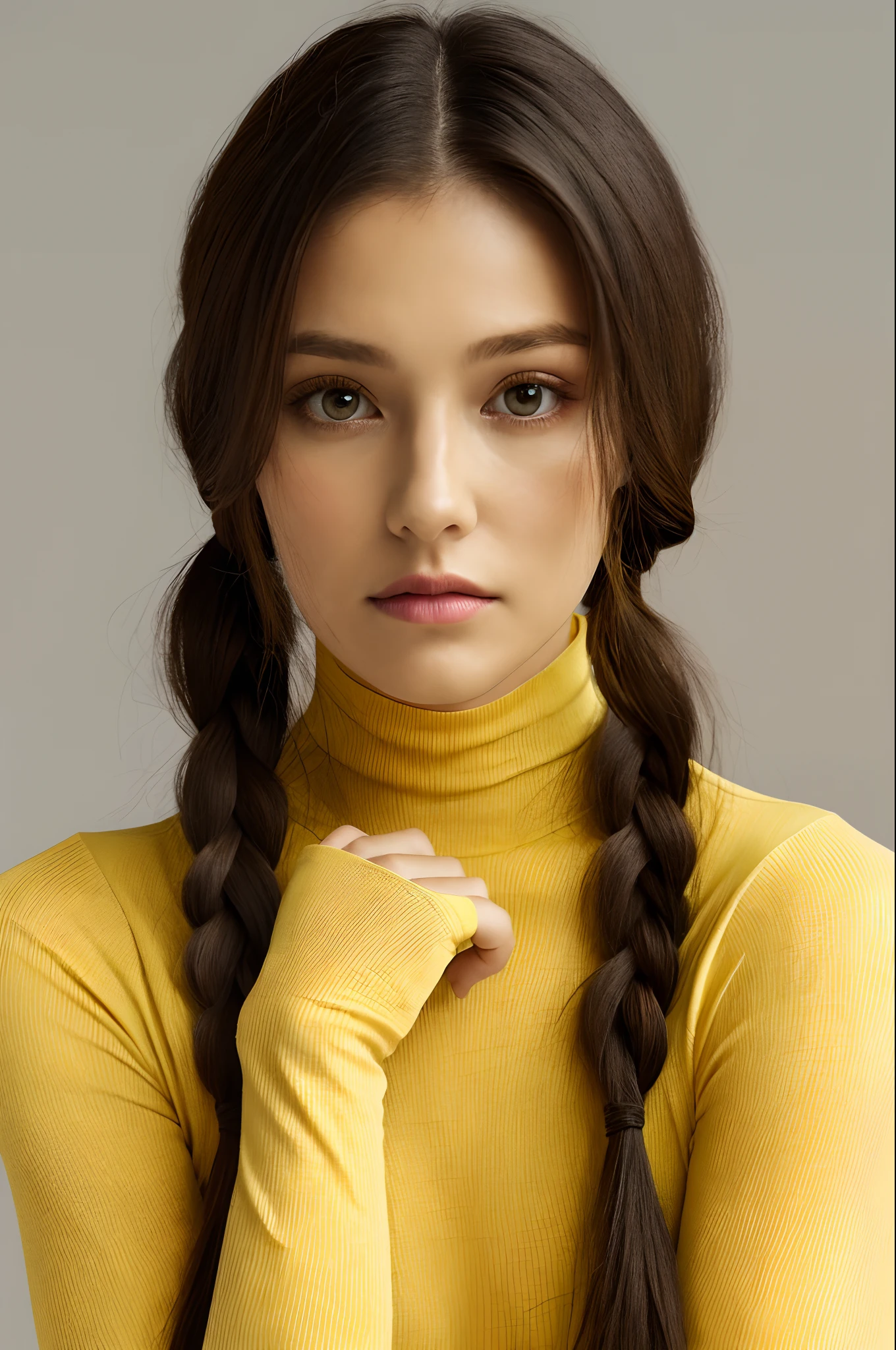 Portrait of woman with hair tied in two, Yellow elastic turtleneck, Tight-fitting clothing. Put your hands together in front of you, Makeup for dark circles under the eyes, White background, surrealism, Melancholy expression