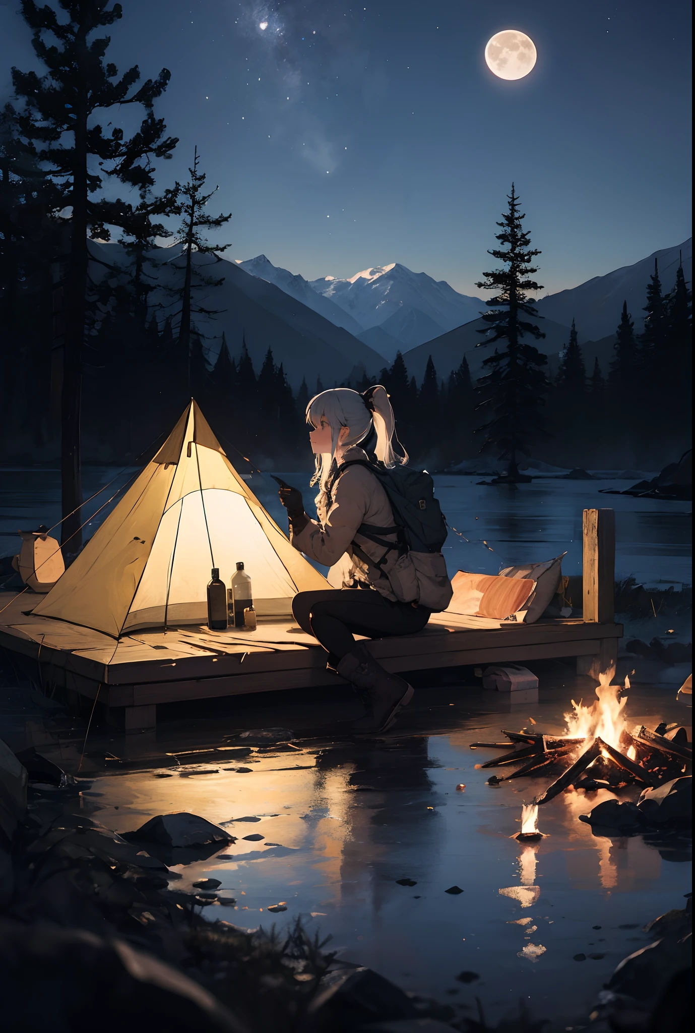 masterpiece, best quality, ultra-detailed, illustration, 1girl, solo, outdoors, camping, night, mountains, nature, stars, moon, bonfire, tent, twin ponytails, green eyes, cheerful, happy, backpack, sleeping bag, camping stove, water bottle, mountain boots, gloves, sweater, hat, flashlight, forest, rocks, river, wood, smoke, shadows, contrast, clear sky, constellations, Milky Way, peaceful, serene, quiet, tranquil, remote, secluded, adventurous, exploration, escape, independence, survival, resourcefulness, challenge, perseverance, stamina, endurance, observation, intuition, adaptability, creativity, imagination, artistry, inspiration, beauty, awe, wonder, gratitude, appreciation, relaxation, enjoyment, rejuvenation, mindfulness, awareness, connection, harmony, balance, texture, detail, realism, depth, perspective, composition, color, light, shadow, reflection, refraction, tone, contrast, foreground, middle ground, background, naturalistic, figurative, representational, impressionistic, expressionistic, abstract, innovative, experimental, unique