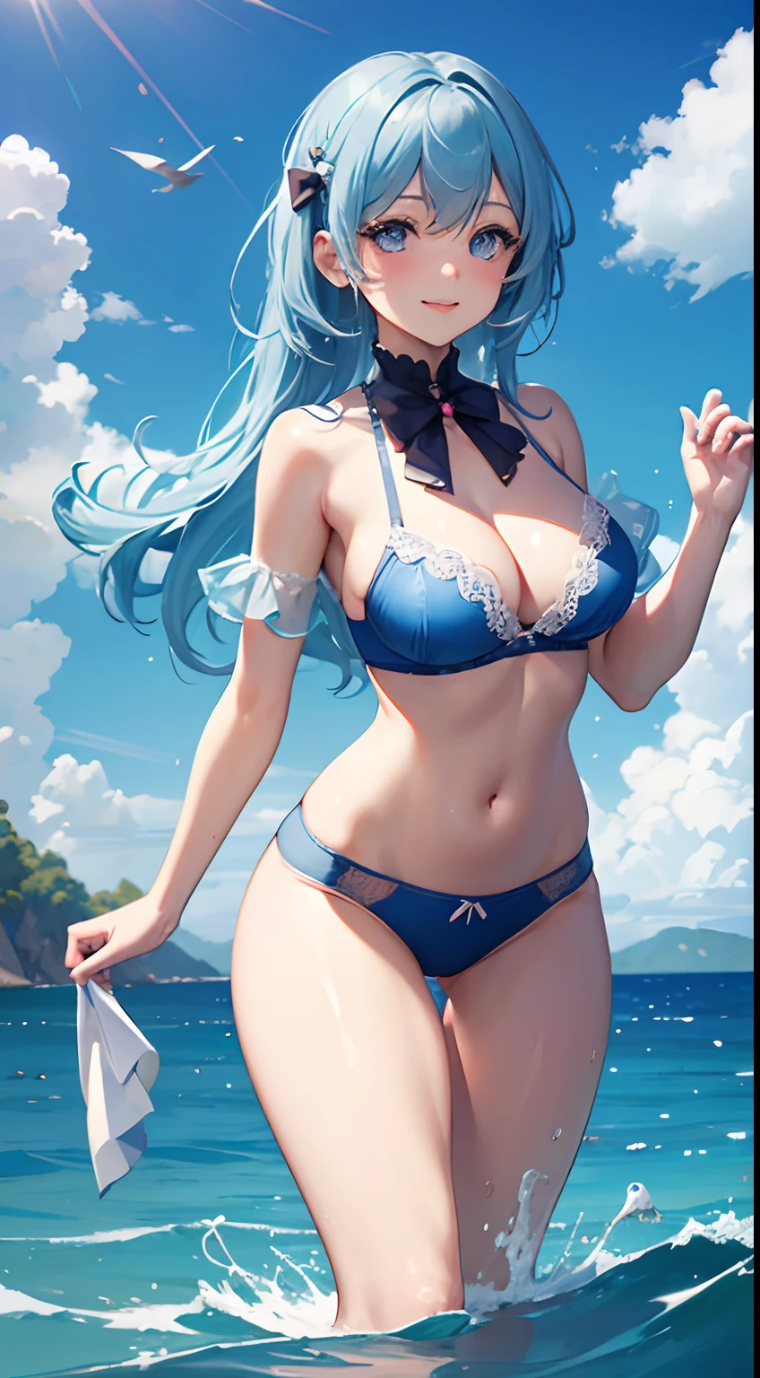 1 girl, Philfia Ingram, Solo, chest, looking_at_viewer, blush, mouth, lips, smile, bangs, light blue hair, light blue eyes, large_breasts, bow, ribbon, navel, cleavage, focus on breasts, taking one in her face, string, legs, thighs, on face, in, blue underwear, standing, ((body getting wet)), water on legs, ultra detailed water, ultra realistic water, wave effect, beautiful day, blue sky, clouds, sun , birds