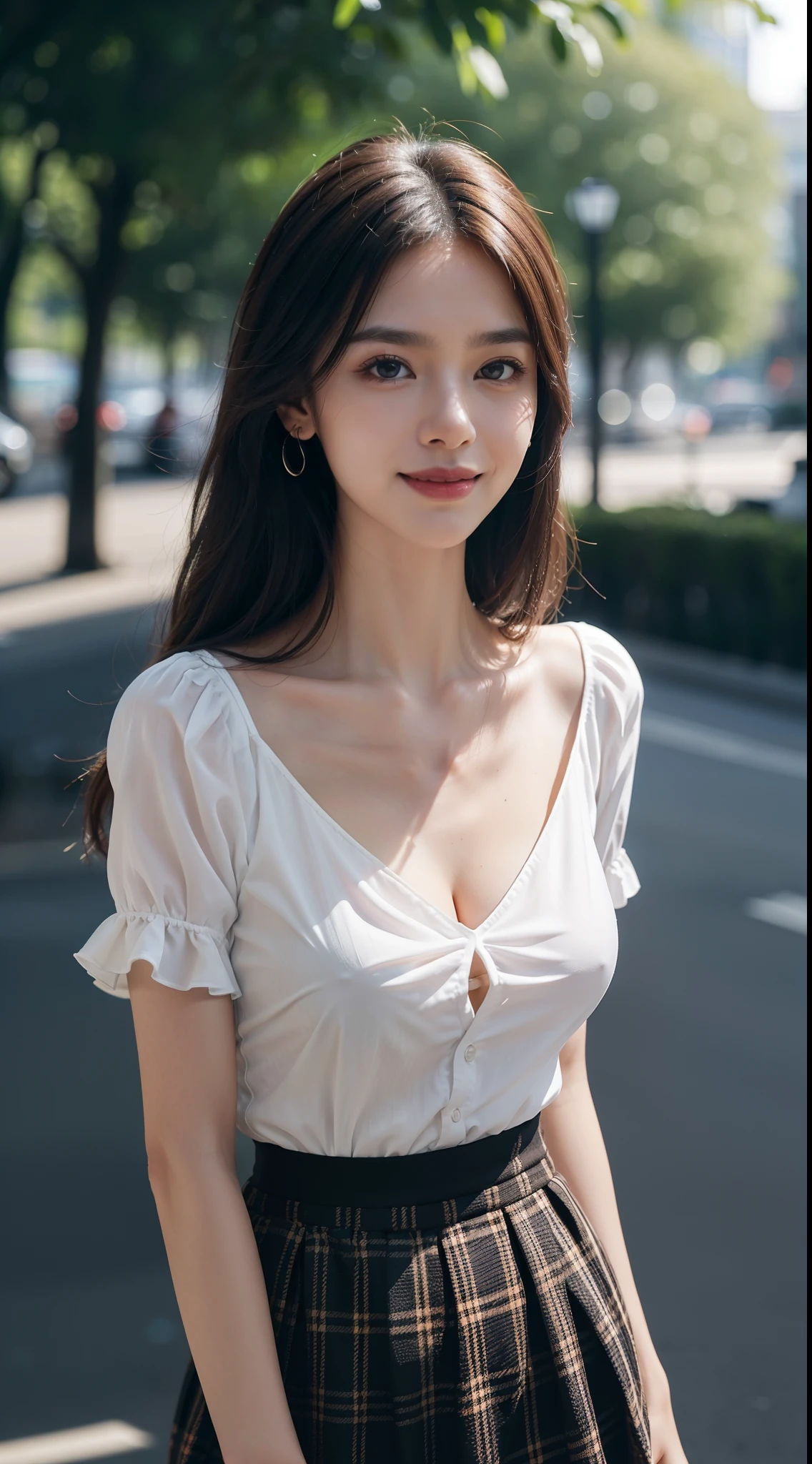8k, masterpiece, RAW photo, best quality, photorealistic, extremely detailed CG unity 8k wallpaper, Depth of field, Cinematic Light, Lens Flare, Ray tracing, (extremely beautiful face, beautiful lips, beautiful eyes), intricate detail face, ((ultra detailed skin)) 1girl, in the dark, deep shadow, pretty Asian girl, idol, 1 girl, (very slim slender fit-muscled body:1.3), ((looking at viewer)),(big smile:1.3), ((laced blouse)), (short sleeve) , (daylight big buildings, tree, (blurred background) cityscape, rooftops, beautiful earrings, clear eyes, (pale skin), (big eyes), face forward, (brown hairs),((plaid skirt)), (looking at viewer:1.3), (open breast), (very slim), medium breasts, thick thighs, medium butts, close up