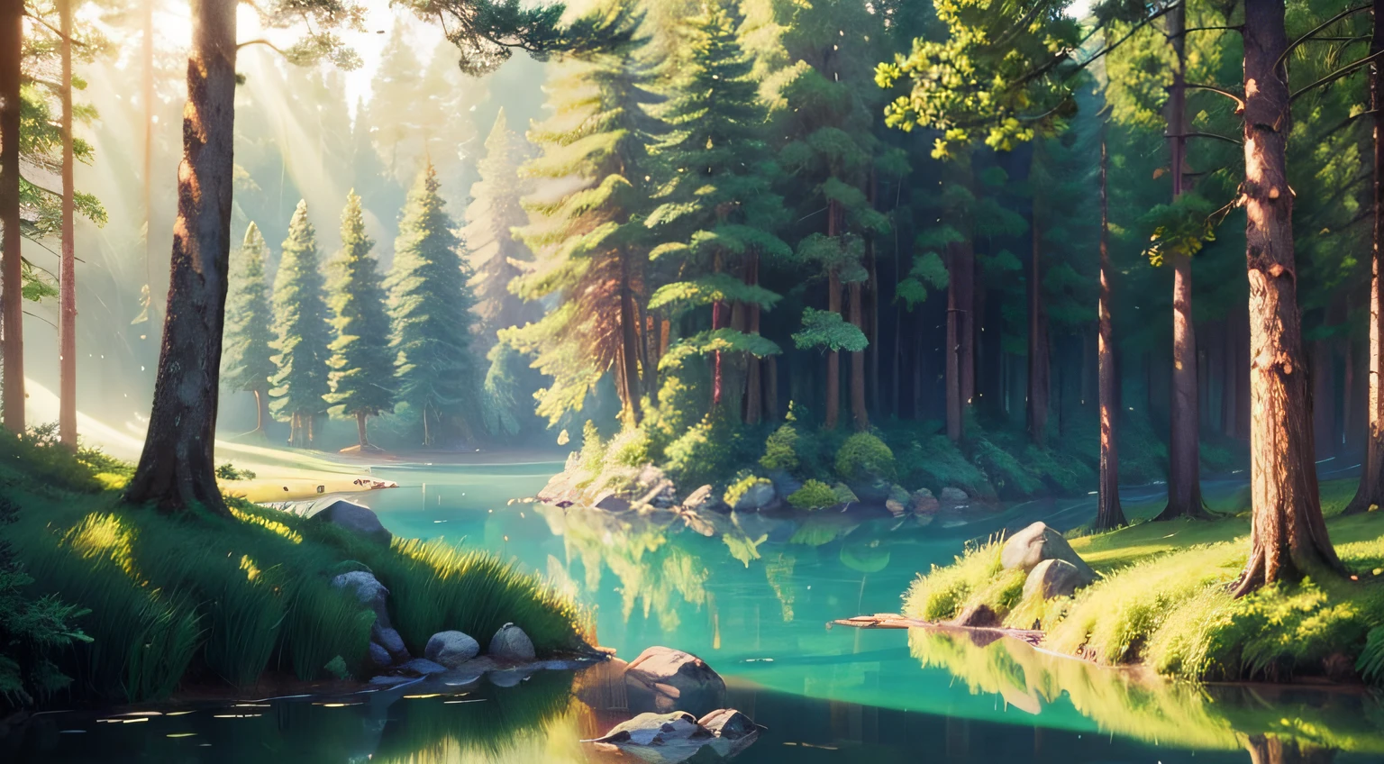 landscape of a forest, realistic, with trees, very green, with a very transparent lake, rays of sun