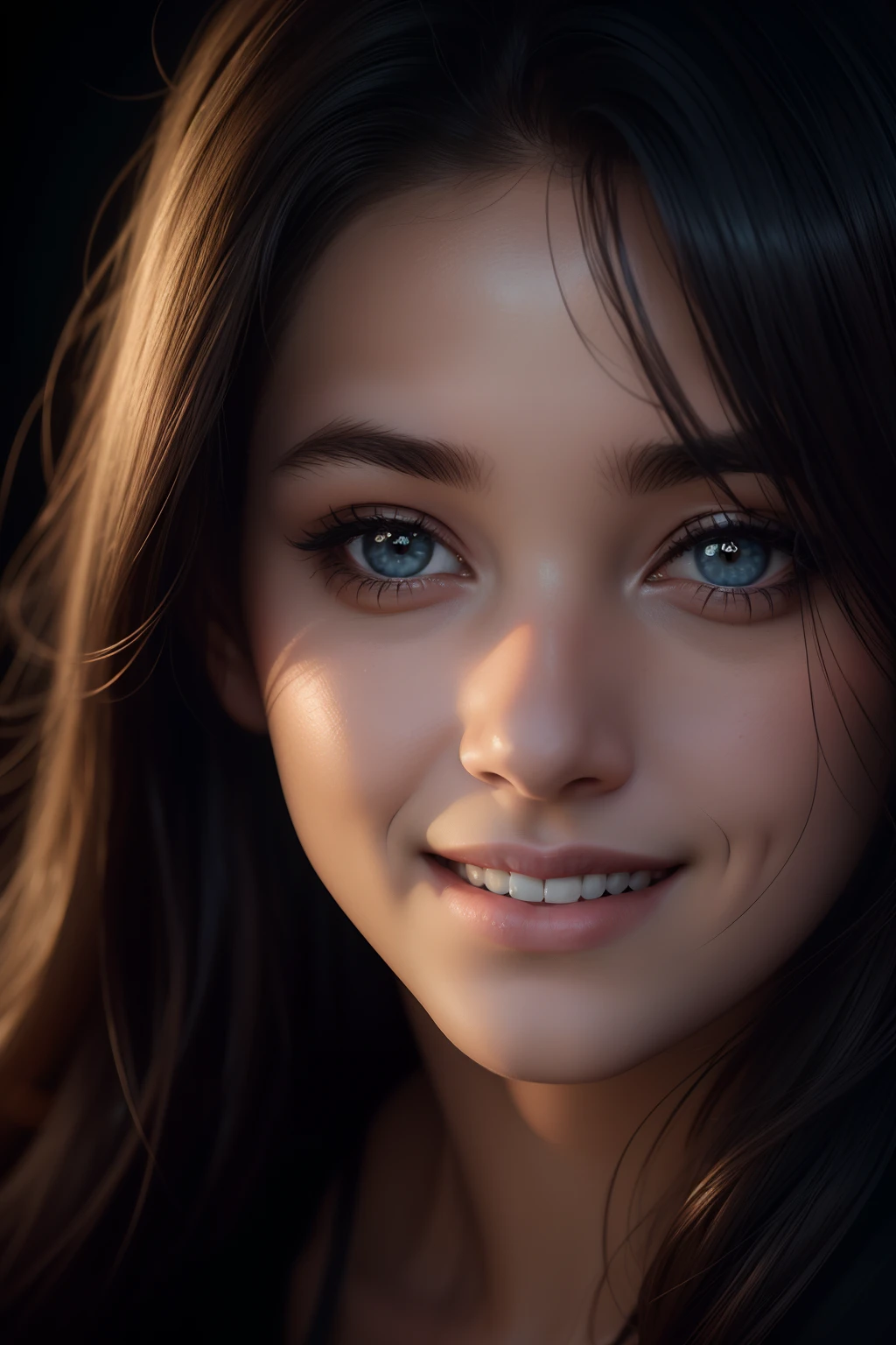 (close-up, editorial photograph of a 21 year old woman), (Highly detailed face:1.4) (Smiling :0.7) (dark backgrounds, Happy, Private study:1.3) POV, by lee jeffries, Nikon D850, film stock photograph ,4 Kodak Portra 400 ,Camera F1.6 lens ,Rich colors ,Hyper realistic ,Lifelike texture, Dramatic Lighting , cinestill 800,