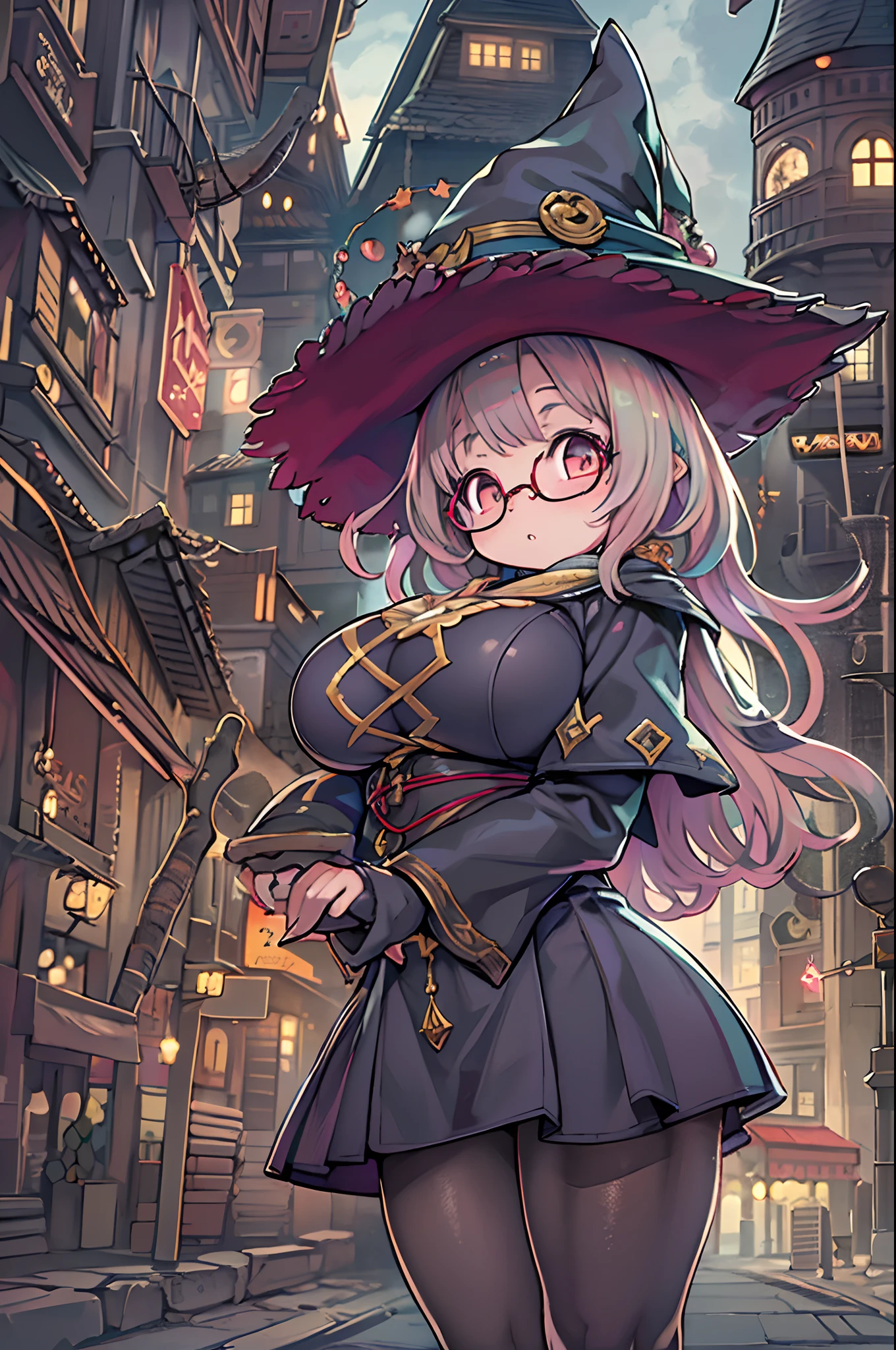 highest quality,wonderful,masterpiece,sensitive,ultra high resolution,super detailed,Intricate detailing,Nice,8K resolution,(Highly detailed CG Unity 8K wallpaper),keen focus、Anime-Series、fiction、one women、dark green hair girl 、Metallic colored hair、short hair、cat ear、Red glasses、red eye、big boobs、vivid hair、Zottelhaar、tousled hair、Vibrant skin、shiny skin、 face、Lolita、short、Kawaii、Nice瞳、Luck、Enjoyment、smile、Shanks、sexly、Halloween、Vampir、one、natta、真natta中、darkness、dark、sky-scrapers、Building、Mond、outside、black cape、small cylinder、black and red skirt