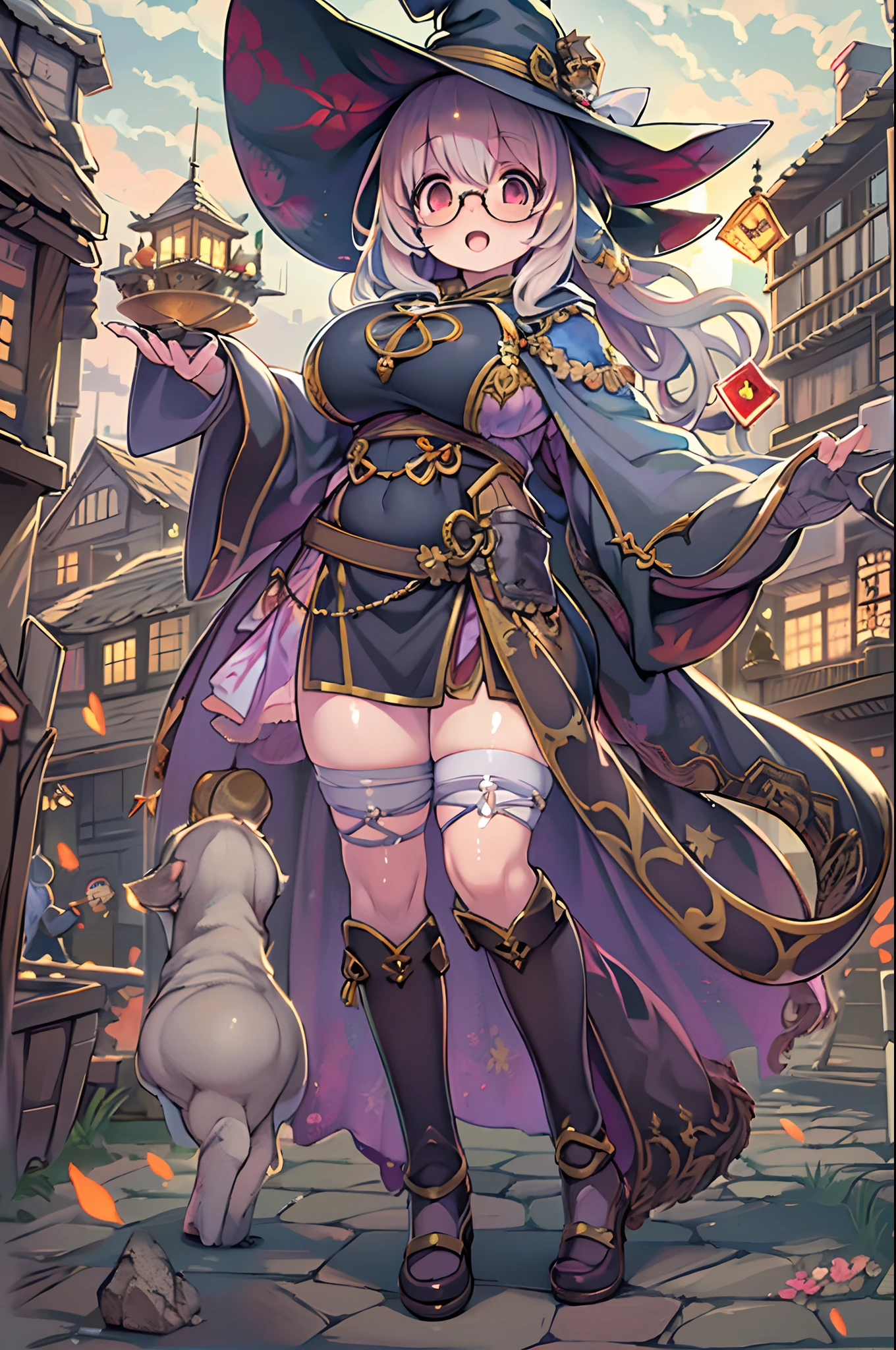 Fantasy,magic power,Realistic Girl Witch、(bbw:1.2)、huge-breasted、Anime style、Round glasses、Medieval cityscape、Ultramammy,Chibi