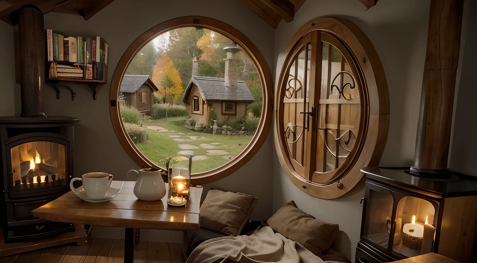 a cozy hobbit house, with two side fireplace , there's a table with coffee and a cup of coffee and a big candle, bookshelf in wall, in a autumn rainy day out