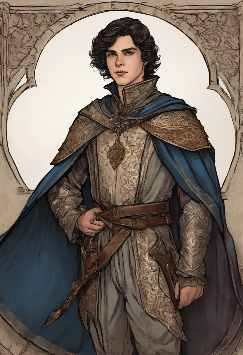 fine line drawing, aged appearance, comic style, A boy 14 years old, Medieval European aristocracy, Short wavy black hair parted in the middle, Full body, Leather Breast Plate, Sorcerer's robe, Leather shoes, White wall background, artistic drawing