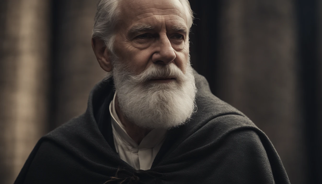 bearded elderly man wearing a cloak similar to those of saints, with professional cinematic style and natural light