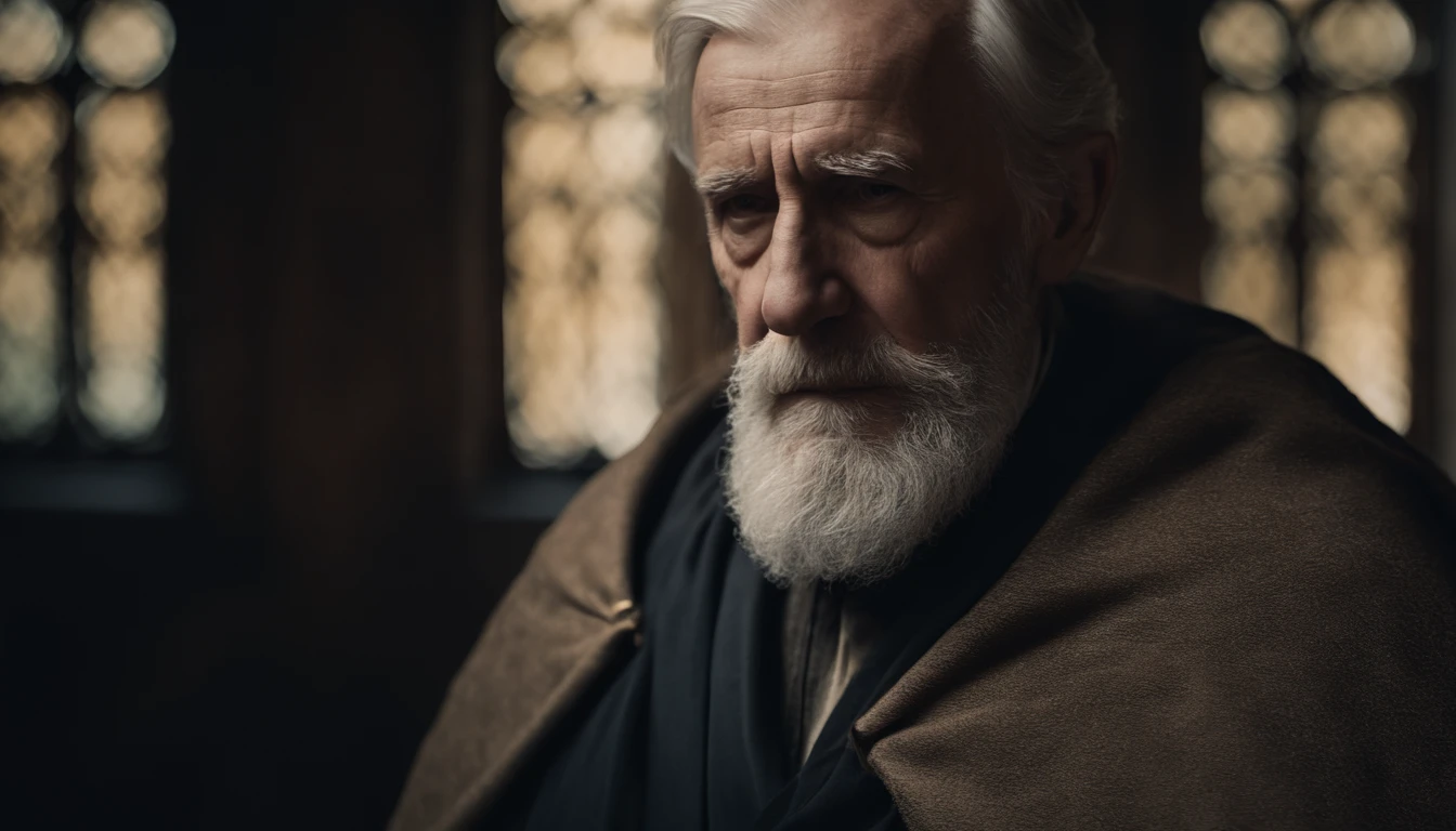 bearded elderly man wearing a cloak similar to those of saints, with professional cinematic style and natural light