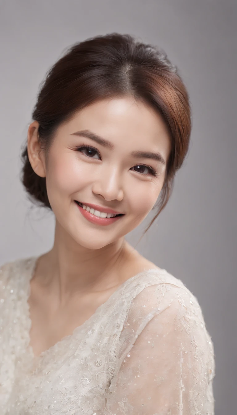 (Photo: 1.3) af (Realistic: 1.3), Asian female, Soft light, Clear face, cheerfulness, cheerful big breasts, Smiling, Warm light, ((Off-white gradient background)), (Background)). ((Gray wall background)) , (long or short hair), Smile, Handsome, Middle-aged woman,, Short hair, Smile,Skirt that wraps hips