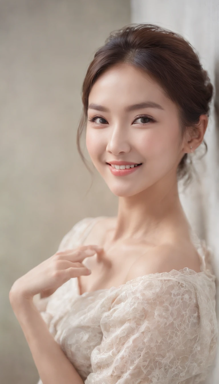 asian female, Soft light, Clear face, cheerfulness, Cheerful big, Smiling, Warm light, ((Off-white gradient background)), (Background)). ((Gray wall background)) , (Hair in a bun), Smile, Handsome, Middle-aged woman,, Short hair, Smile,Skirt that wraps hips
