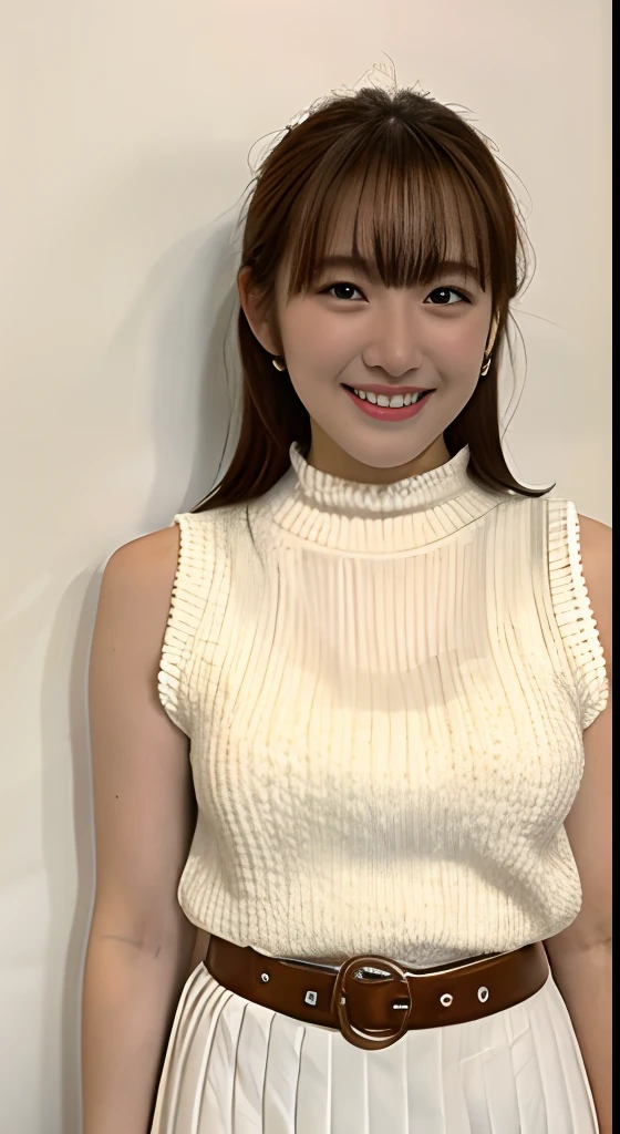 Japanese woman wearing a black sleeveless sweater、 (((masterpiece))), ((highest quality)), ((Intricate details)), (((Ultra-realistic)), irrational solution, Near and far, Very detailed, Realistic, 1 girl, ((Big Breasts)), Perfect hands, Finger details, Beautiful and detailed, short hair, Brown eyes,(Sleeveless sweater:1.2), Black knit dress, Detailed Background, choker, Perfect Eyes, Captivating eyes, Looking at the audience, From the top right、Laughter、Moles around the mouth、ponytail、front、