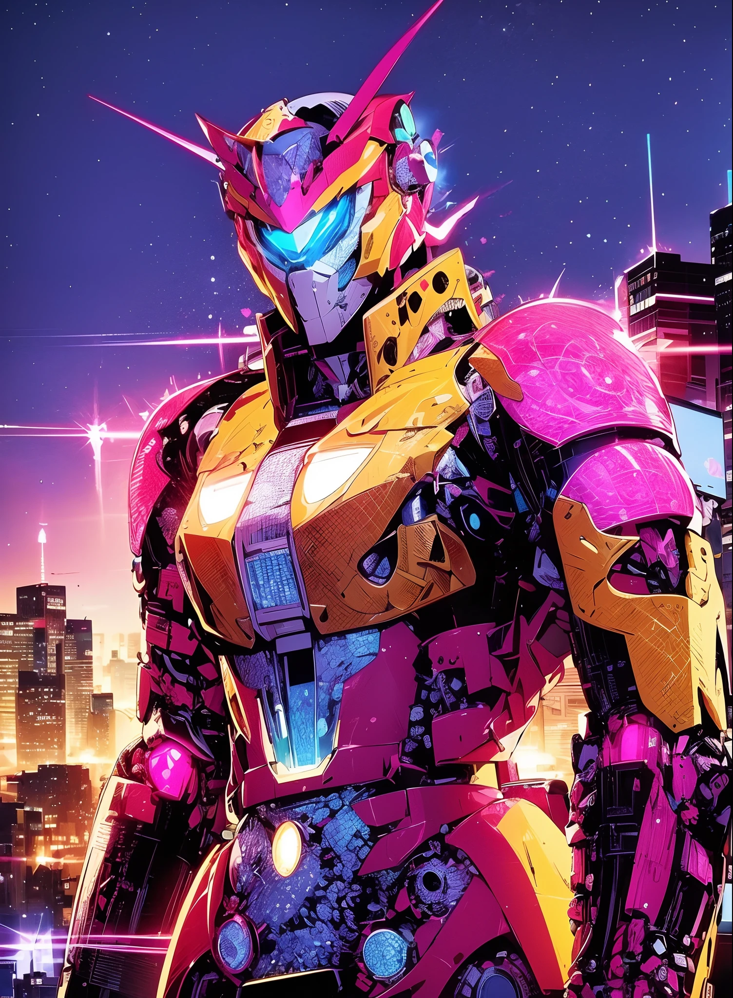 Close-up of robot in pink and yellow suit, Mecha suit, mecha art, mecha asthetic, girl in mecha cyber armor, neon armor, cool mecha style, neon scales and cyborg tech, Streamlined pink armor, dressed in light armor, in opal armor, intricate glowing mecha armor, Full body mech set Kamen Rider