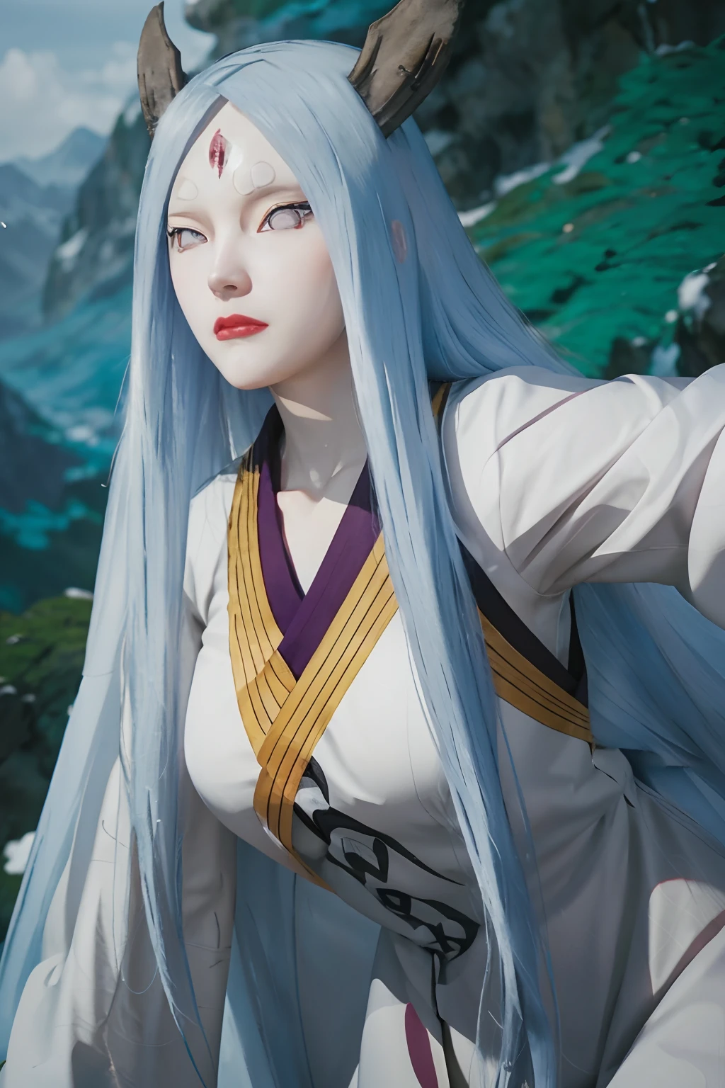 kaguya ōtsutsuki.  a woman was standing in the hills wearing a tight, tracing white kimono.  she had pale white skin worthy of snow.  with tiny, rosy lips.  he has long blue hair.  he seemed to be staring intently at the camera.  so beautiful and realistic