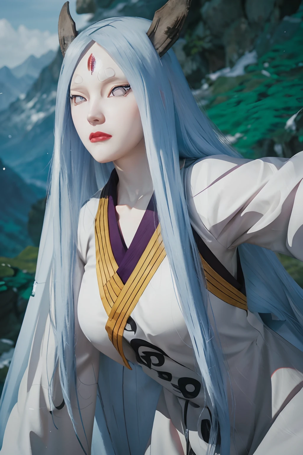 kaguya ōtsutsuki. a woman was standing in the hills wearing a tight, tracing white kimono. she had pale white skin worthy of snow. with tiny, rosy lips. he has long blue hair. he seemed to be staring intently at the camera. so beautiful and realistic