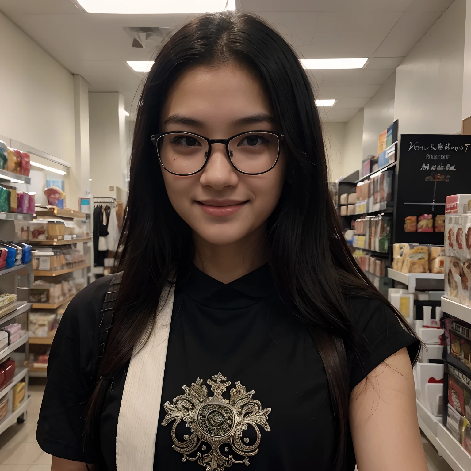 Very young female, half chinese, small slit-eyed, glasses, black hair, flawless white skin, long hair, photorealistic, best quality, hyper detailed, middle school student, beautiful woman, selfie photo, upper body, solo, wearing black clothes, smiling at store, morning photo, without makeup, school, looking at viewer, skin texture, film grain, close up, ultra high res, best shadow, RAW, instagram LUT