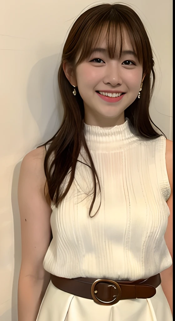 girl with、20yr old、beautiful countenance、Brown hair、White knitted clothes、Sleeveless、Brown tight skirt、a belt、ample breasts