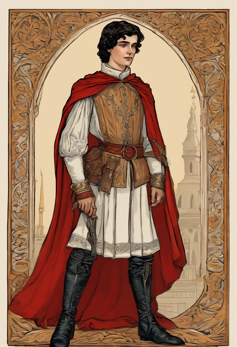 vintage painting, fine line drawing, comic style, A boy 14 years old, Medieval European aristocracy, Short wavy black hair parted in the middle, Full body, Leather Breast Plate, Sorcerer's robe, Leather shoes, White wall background, artistic drawing