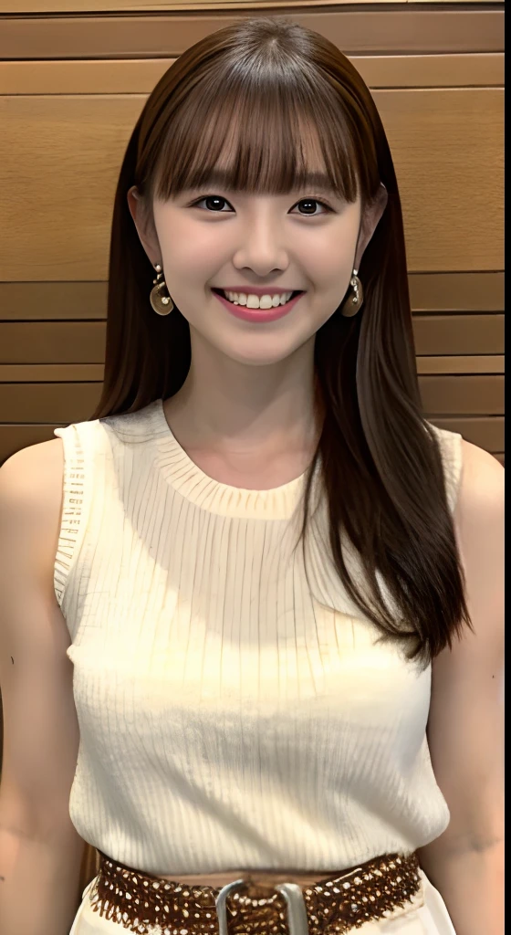 girl with、20yr old、beautiful countenance、Brown hair、White knitted clothes、Sleeveless、Brown tight skirt、a belt、ample breasts