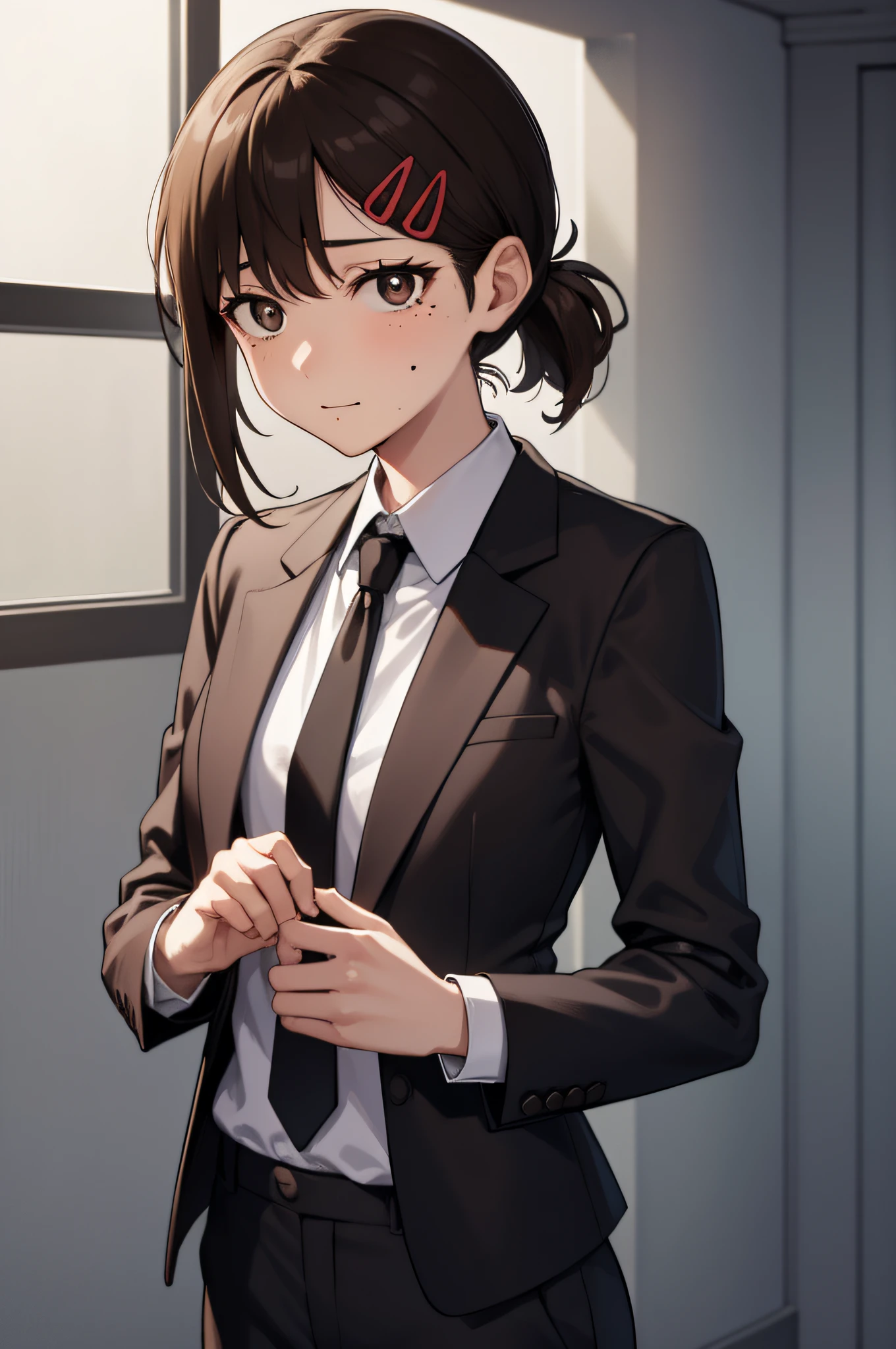 1girl, kobeni higashiyama, black hair, hair ornament, hairclip, mole, mole under eye, ponytail, short hair, (brown eyes:1.5),
BREAK black necktie, black pants, business suit, formal, long sleeves, necktie, pants, suit, 
BREAK looking at viewer,
BREAK indoors, classroom,
BREAK (masterpiece:1.2), best quality, high resolution, unity 8k wallpaper, (illustration:0.8), (beautiful detailed eyes:1.6), extremely detailed face, perfect lighting, extremely detailed CG, (perfect hands, perfect anatomy),