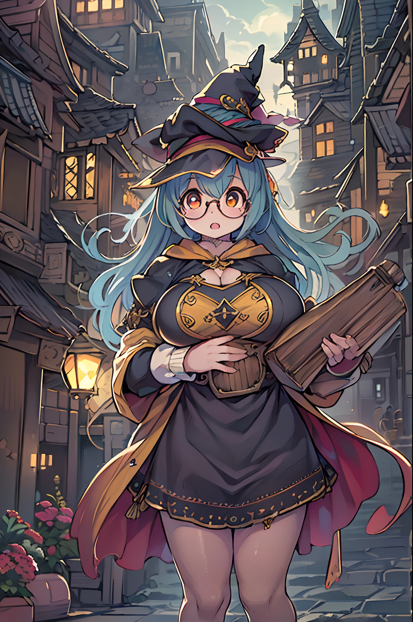 Fantasy,magic power,Realistic Girl Witch、(bbw:1.2)、huge-breasted、Anime style、Round glasses、Medieval cityscape、Ultramammy,Chibi