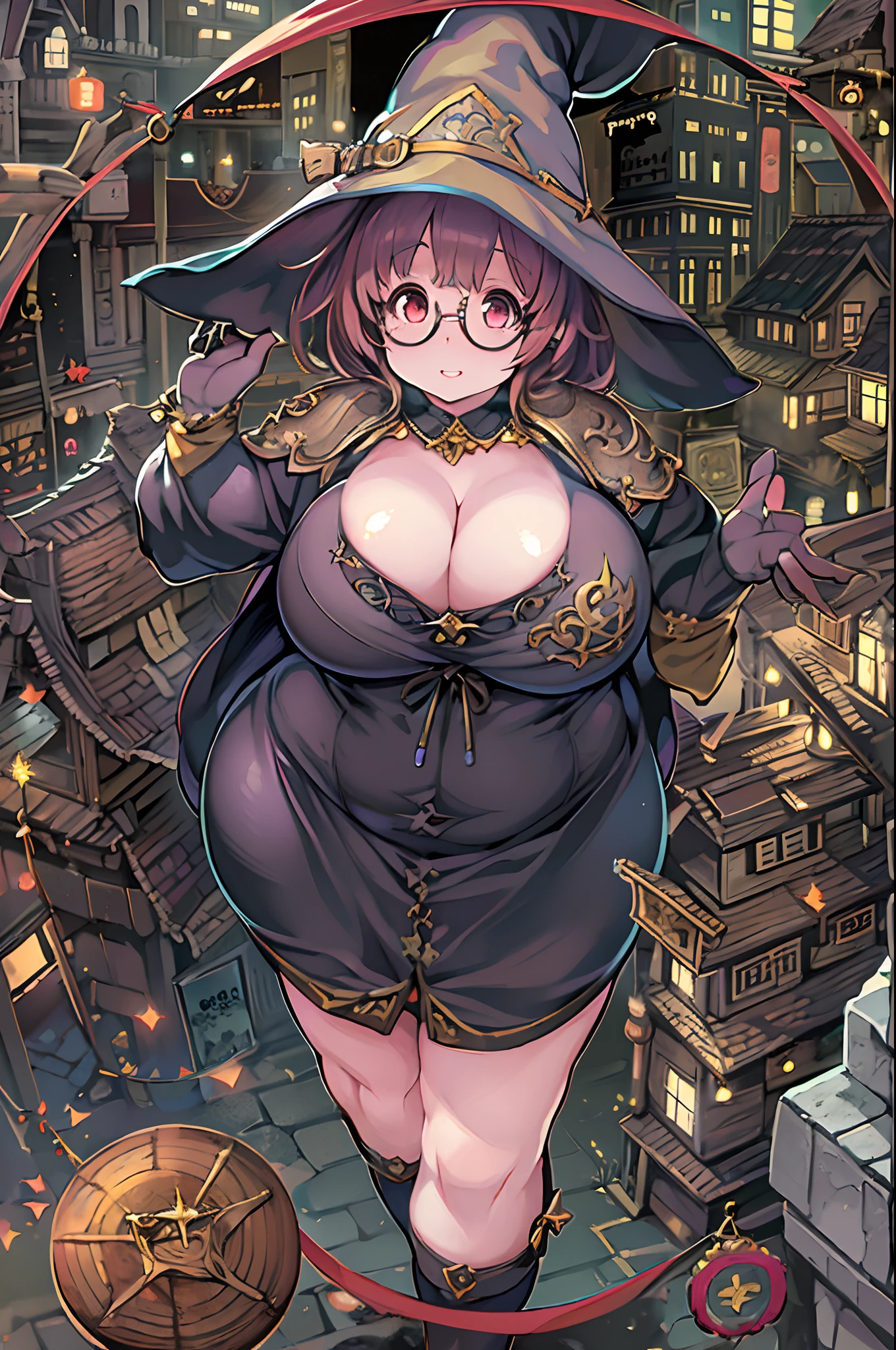 Fantasy,magic power,Realistic Girl Witch、(bbw:1.2)、huge-breasted、Anime style、Round glasses、Medieval cityscape、Ultramammy,Chibi
