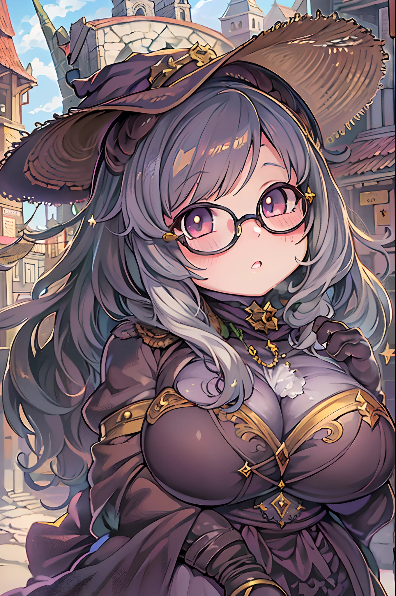 Fantasy,magic power,Realistic Girl Witch、(bbw:1.2)、huge-breasted、Anime style、Round glasses、Medieval cityscape、Ultramammy,Chibi