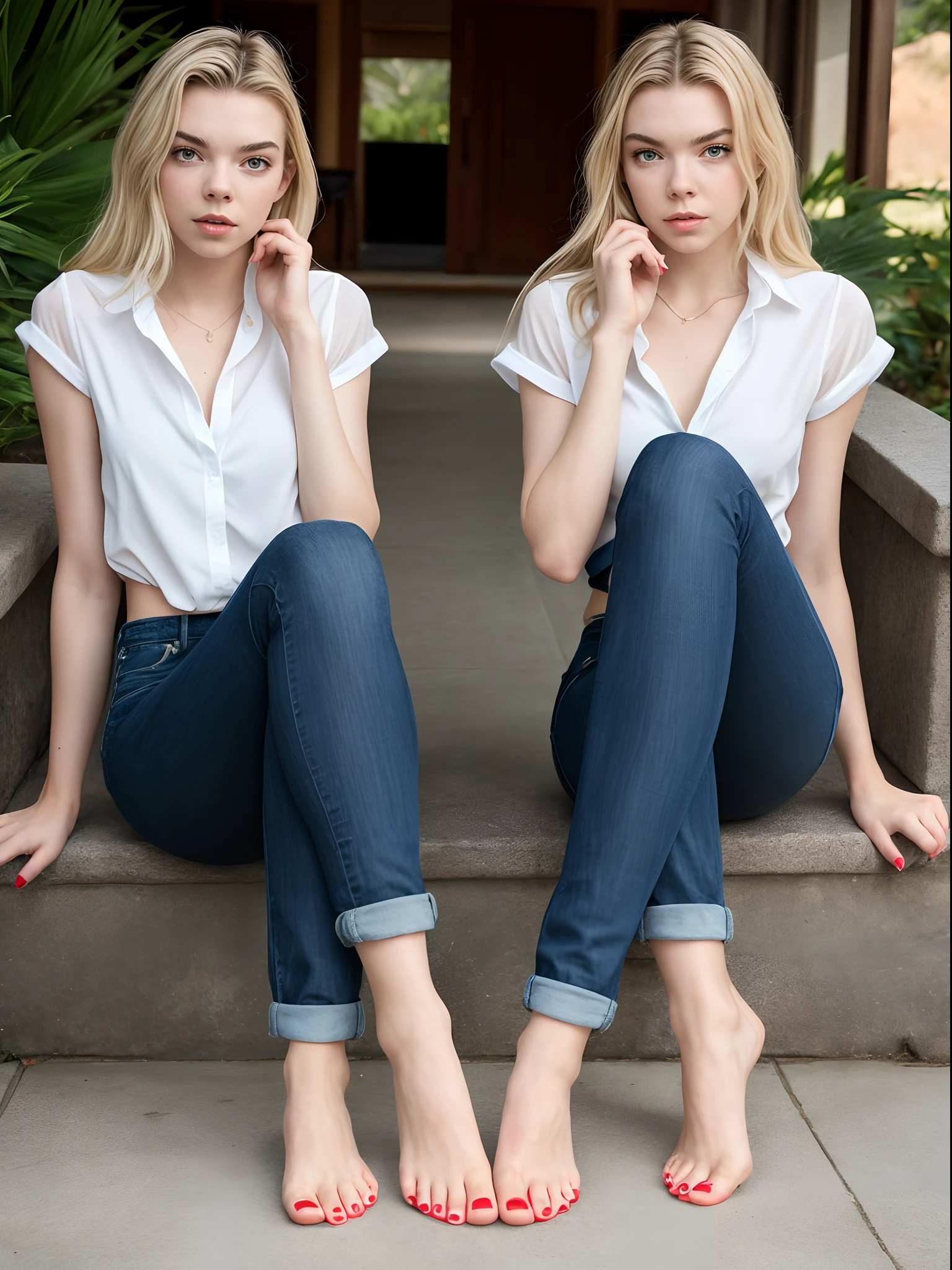 Ultra Photorealistic, Cinematic Lighting, ultra detailed skin, skin pores, finely detailed features:1):0.9, Very attractive, Two of Anya Taylor-Joy, Anya Taylor-Joy identical twins, Anya Taylor-Joy clones Sitting Together, blonde hair, Same Hair Style, slim face, white blouse, denim short shorts, Athletic Body, Slim Waist, Wide Hips, barefoot, nice looking feet, black toenail polish, anklets, flirty, Seductive Expressions