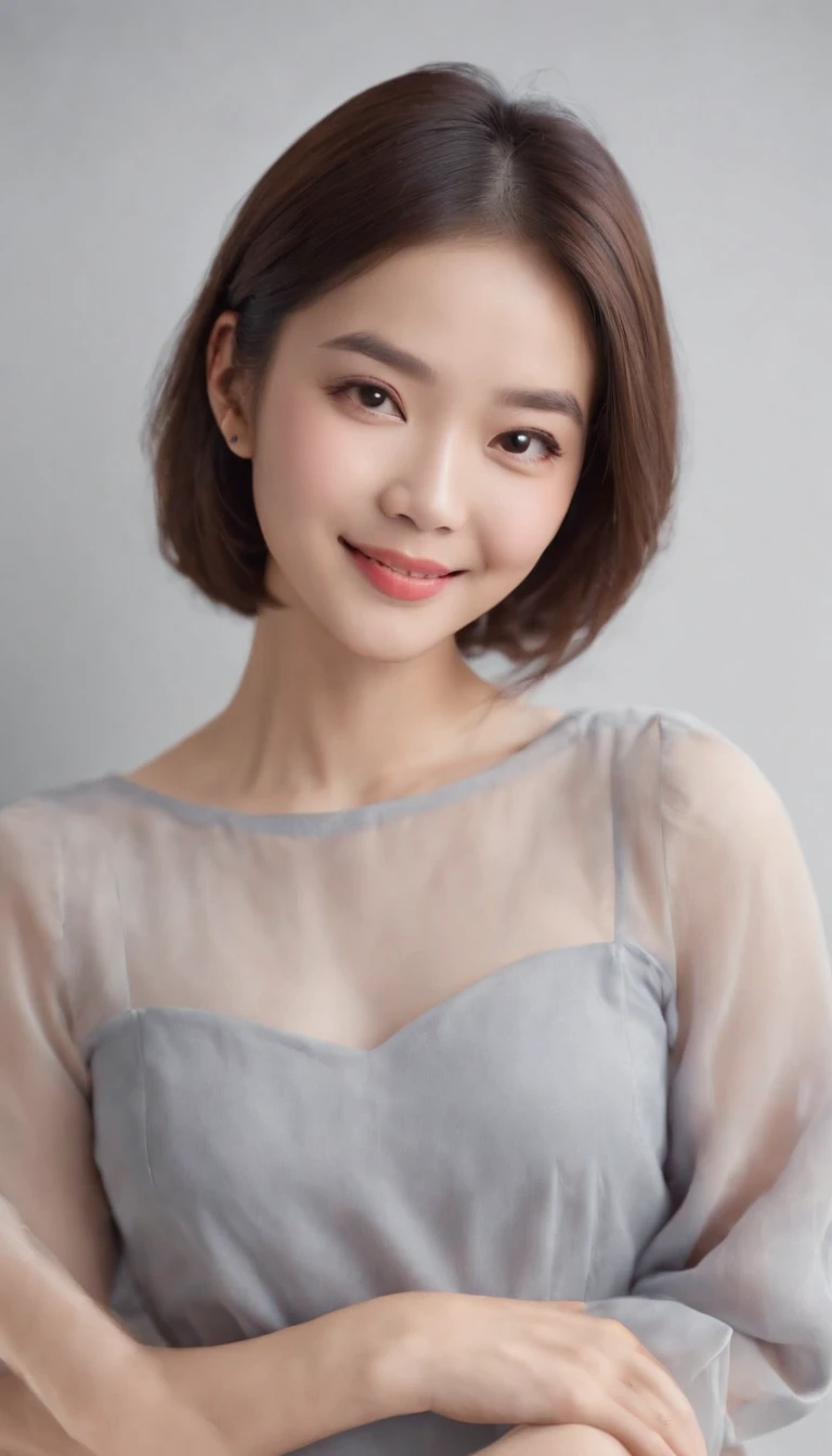 asian female, Soft light, Clear face, cheerfulness, Cheerful big, Smiling, Warm light, ((Off-white gradient background)), (Background)). ((Gray wall background)) , (Bob cut hair), Smile, ,Skirt that wraps hips、Ekbo