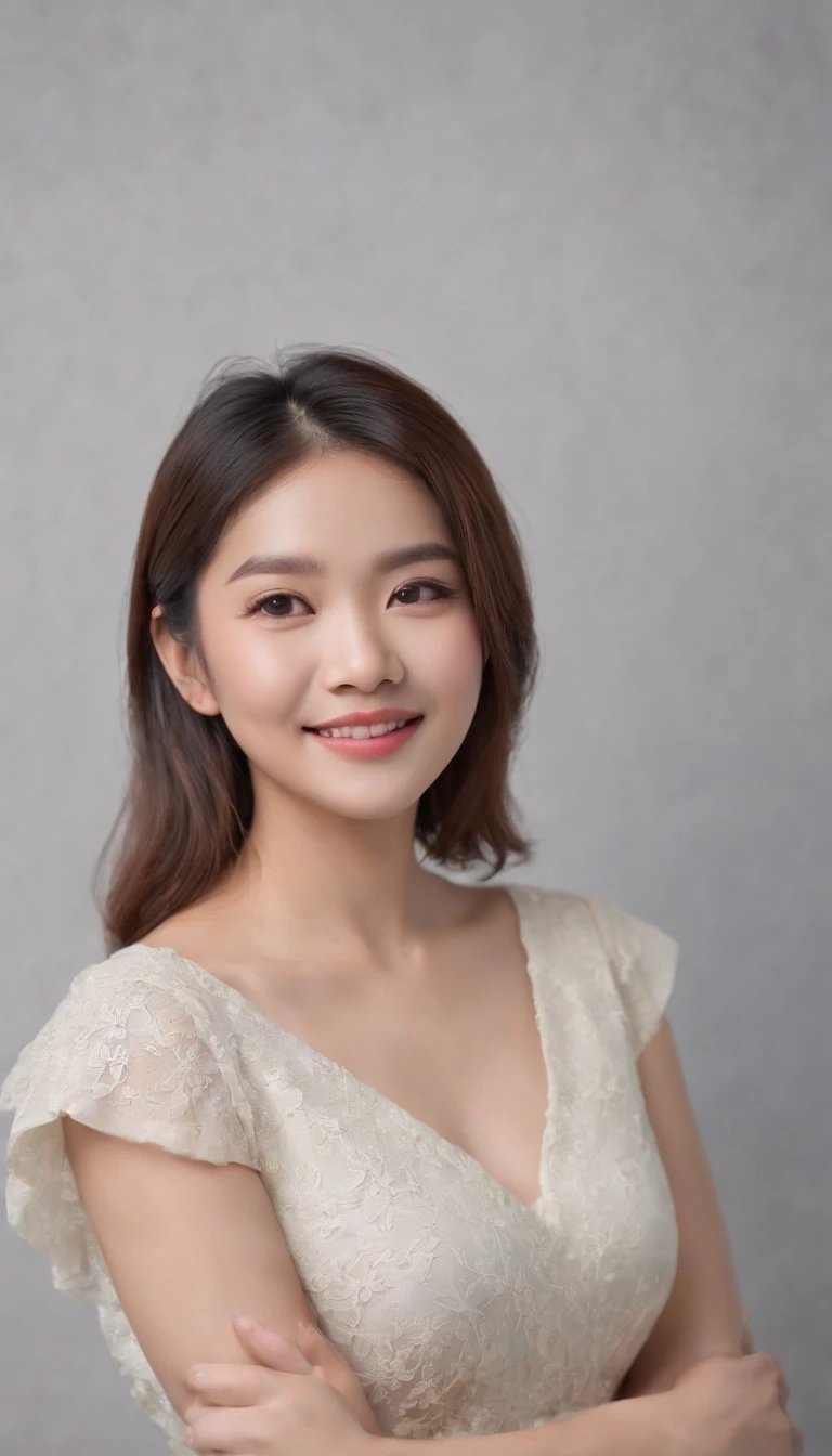 asian female, Soft light, Clear face, cheerfulness, Cheerful big, Smiling, Warm light, ((Off-white gradient background)), (Background)). ((Gray wall background)) , (Bob cut hair), Smile,  ,Skirt that wraps hips、Ekbo