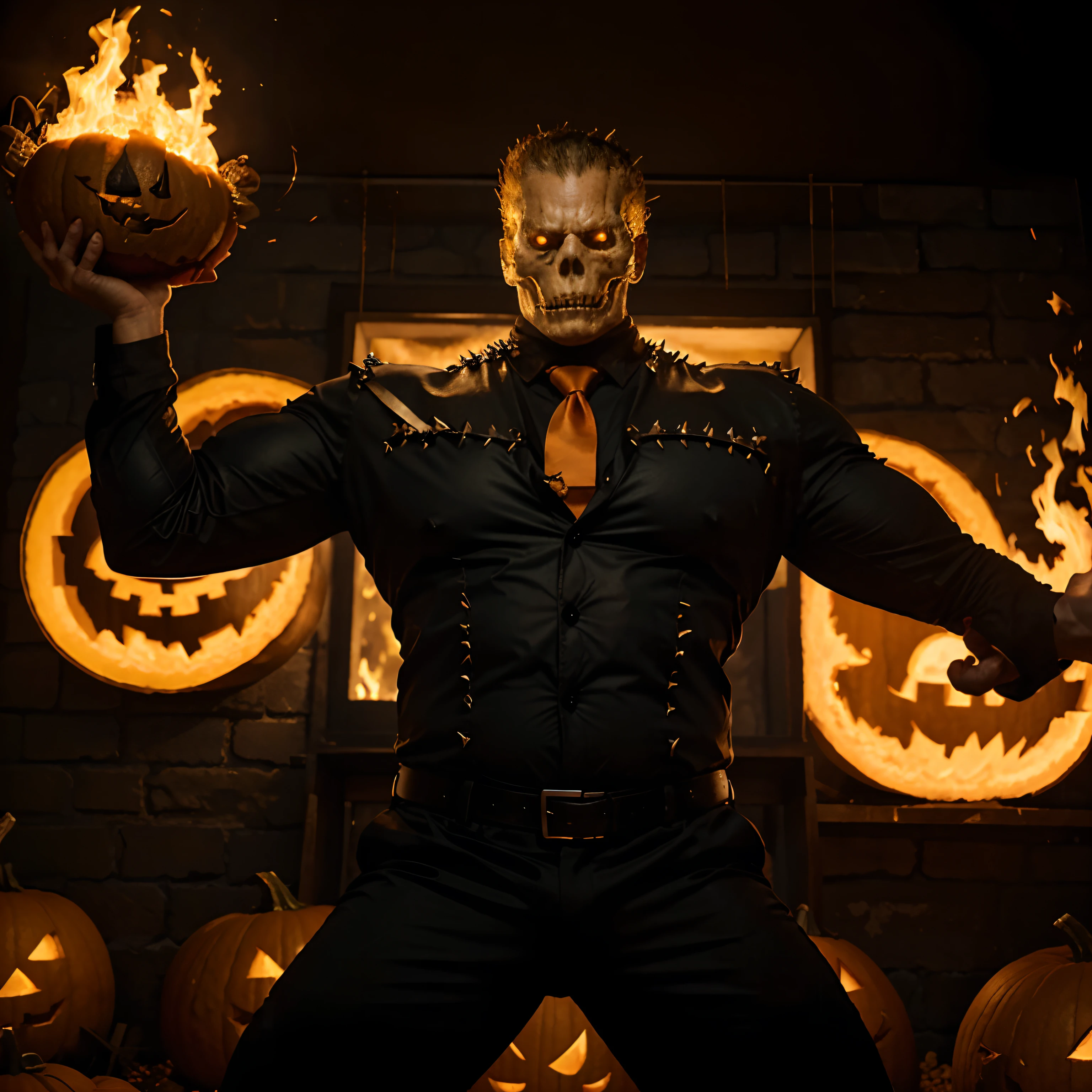 Ghost rider , muscled with huge pecs , hugge torso , huge arms , with a pumpkin on his head like halloween with fire , in suit with a tie ans spikes
