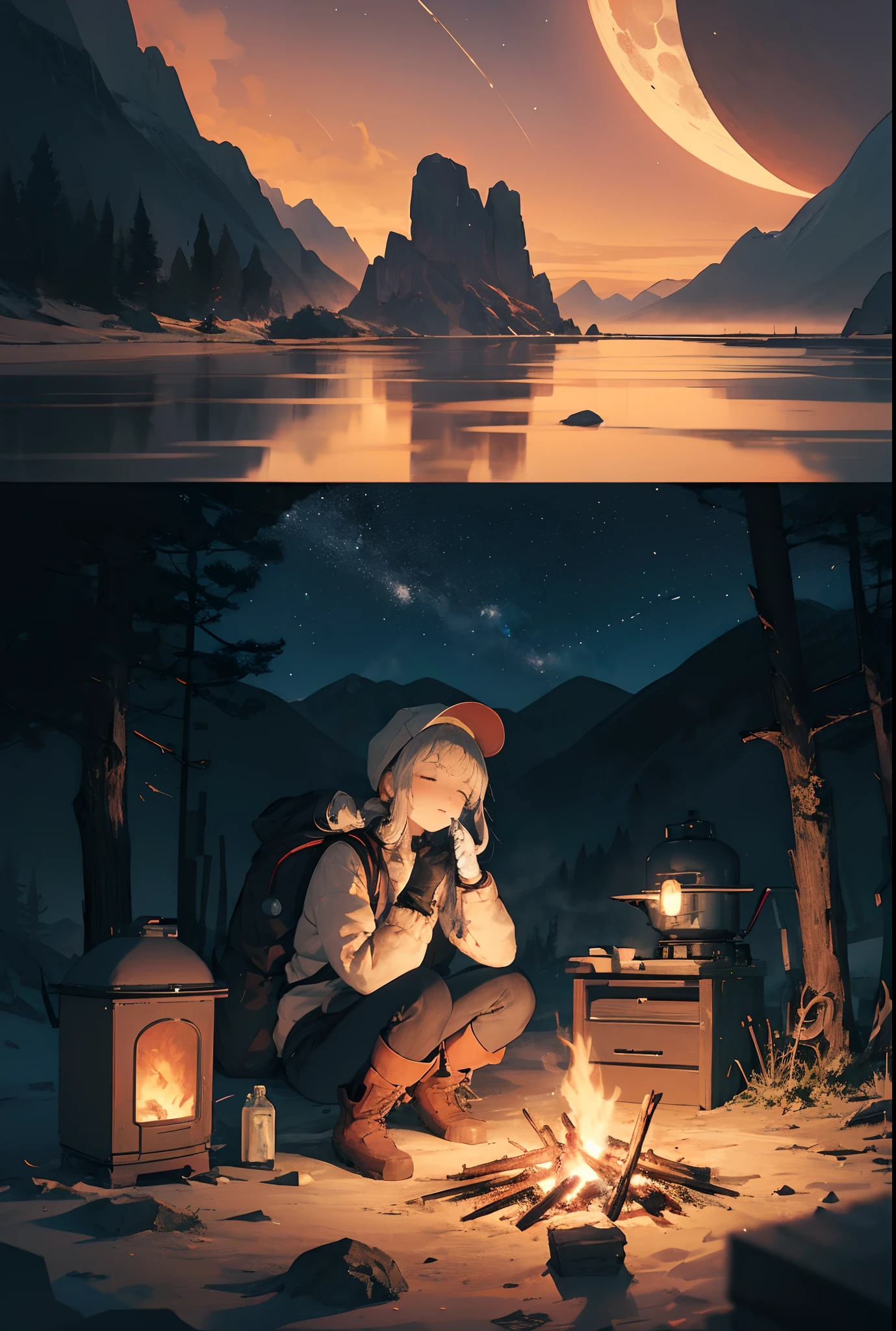 masterpiece, best quality, ultra-detailed, illustration, 1girl, solo, outdoors, camping, night, mountains, nature, stars, moon, bonfire, tent, twin ponytails, green eyes, cheerful, happy, backpack, sleeping bag, camping stove, water bottle, mountain boots, gloves, sweater, hat, flashlight, forest, rocks, river, wood, smoke, shadows, contrast, clear sky, constellations, Milky Way, peaceful, serene, quiet, tranquil, remote, secluded, adventurous, exploration, escape, independence, survival, resourcefulness, challenge, perseverance, stamina, endurance, observation, intuition, adaptability, creativity, imagination, artistry, inspiration, beauty, awe, wonder, gratitude, appreciation, relaxation, enjoyment, rejuvenation, mindfulness, awareness, connection, harmony, balance, texture, detail, realism, depth, perspective, composition, color, light, shadow, reflection, refraction, tone, contrast, foreground, middle ground, background, naturalistic, figurative, representational, impressionistic, expressionistic, abstract, innovative, experimental, unique