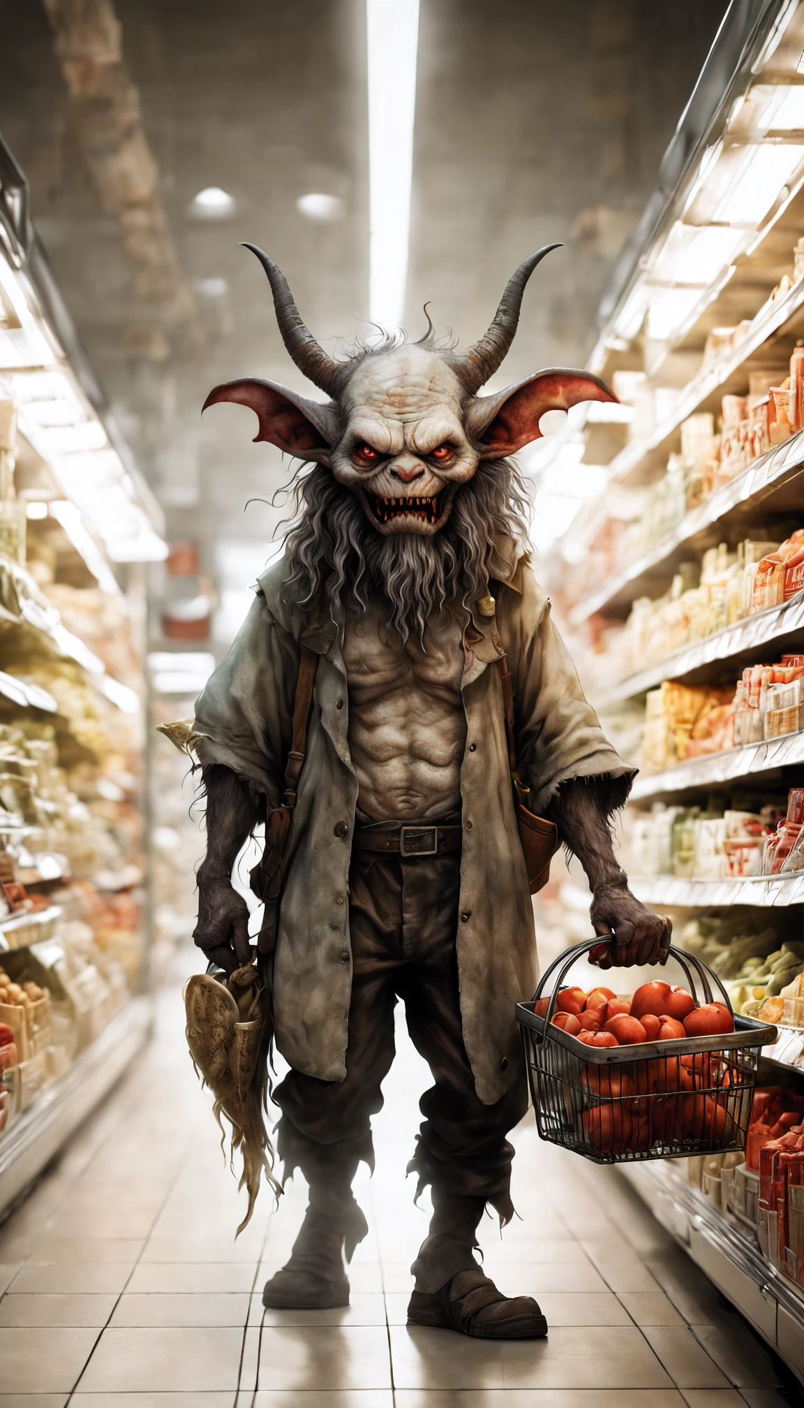 (Top Quality: 1.4),( Art by Jean Baptiste Monge), (Unparalleled Masterpiece),(Ultra High Definition),(Ultra-Realistic 8k CG), demon, wearing aplon,( in supermarket), shopping,holding shopping basket , eerie white penetrating light  makes gradient  of shadows ,hyper realistic cover photo awesome full color, Cinematic, (hyper detail: 1.2), adds depth to images with backlight effect, perfect anatomy,