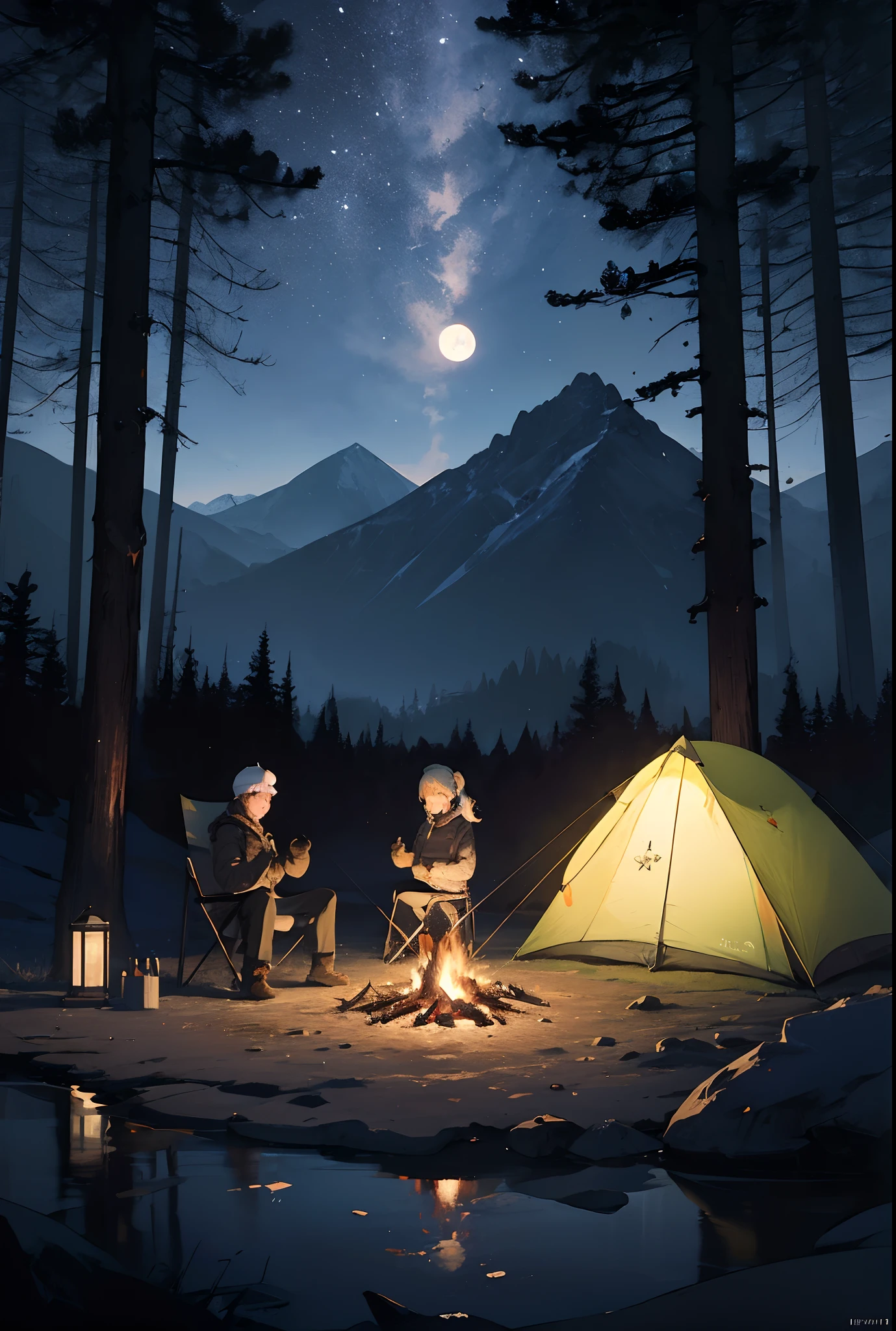 masterpiece, best quality, ultra-detailed, illustration, 1girl, solo, outdoors, camping, night, mountains, nature, stars, moon, bonfire, tent, twin ponytails, green eyes, cheerful, happy, backpack, sleeping bag, camping stove, water bottle, mountain boots, gloves, sweater, hat, flashlight, forest, rocks, river, wood, smoke, shadows, contrast, clear sky, constellations, Milky Way, peaceful, serene, quiet, tranquil, remote, secluded, adventurous, exploration, escape, independence, survival, resourcefulness, challenge, perseverance, stamina, endurance, observation, intuition, adaptability, creativity, imagination, artistry, inspiration, beauty, awe, wonder, gratitude, appreciation, relaxation, enjoyment, rejuvenation, mindfulness, awareness, connection, harmony, balance, texture, detail, realism, depth, perspective, composition, color, light, shadow, reflection, refraction, tone, contrast, foreground, middle ground, background, naturalistic, figurative, representational, impressionistic, expressionistic, abstract, innovative, experimental, unique