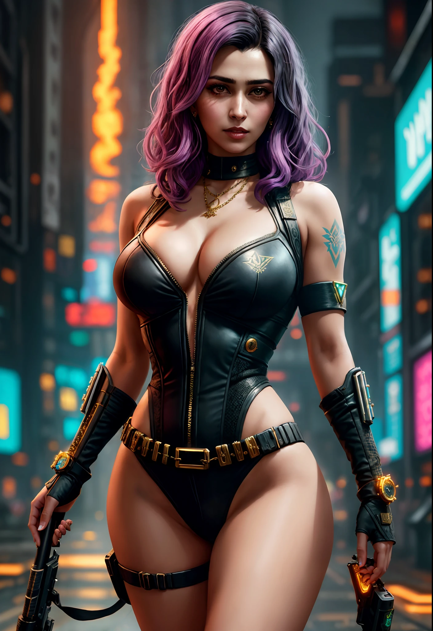 a painting of a meera the witchl, background, style of cyberpunk 2077, band of gold round her breasts, violet and purple flames,